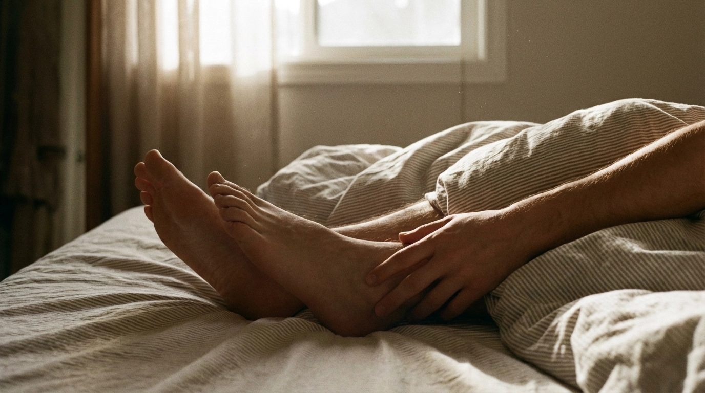 Teasing close-up of two bare feet brushing together under rumpled sheets, intimate but non-explicit.