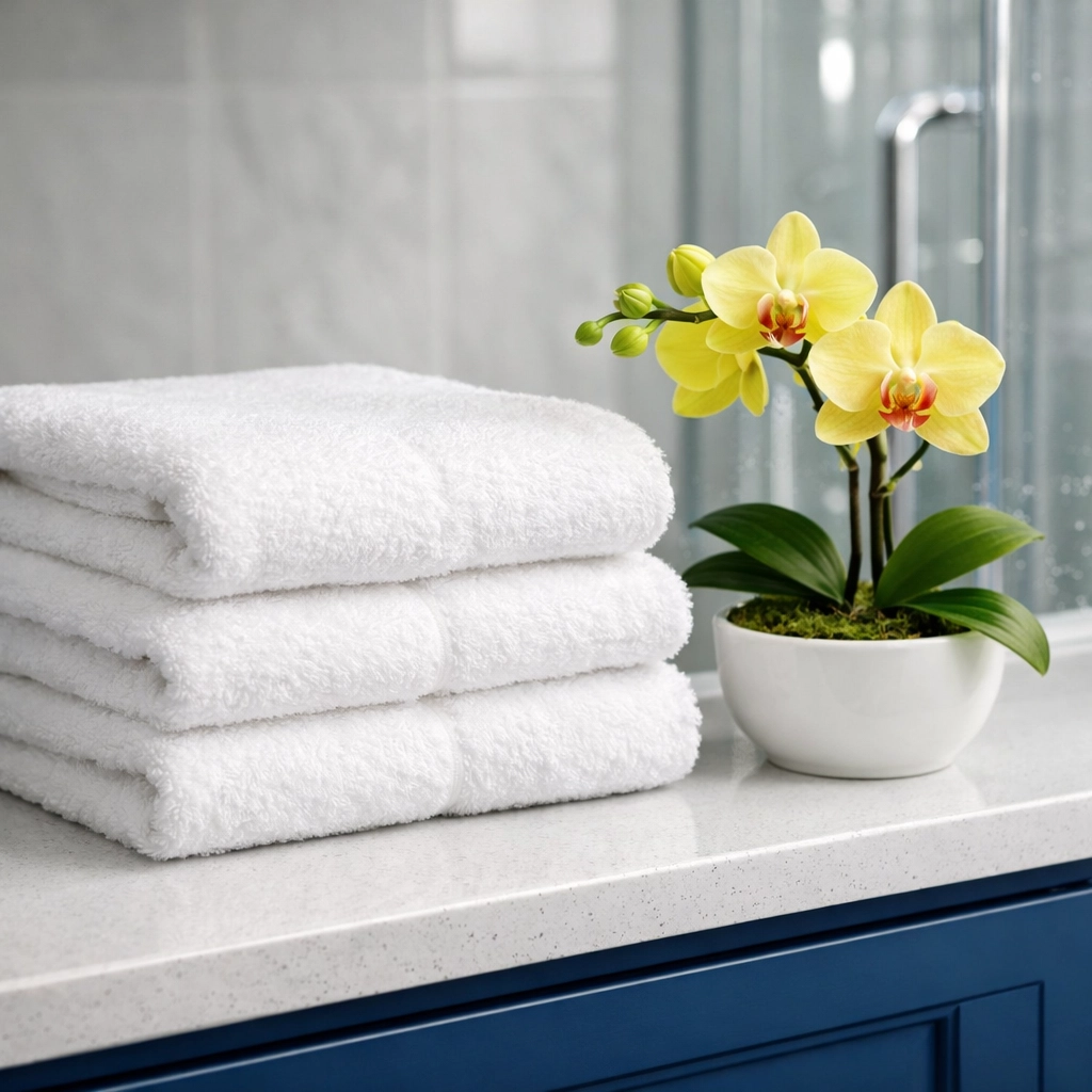 Detailed luxury bathroom cleaning in Cambridge with sparkling glass and perfectly folded towels.