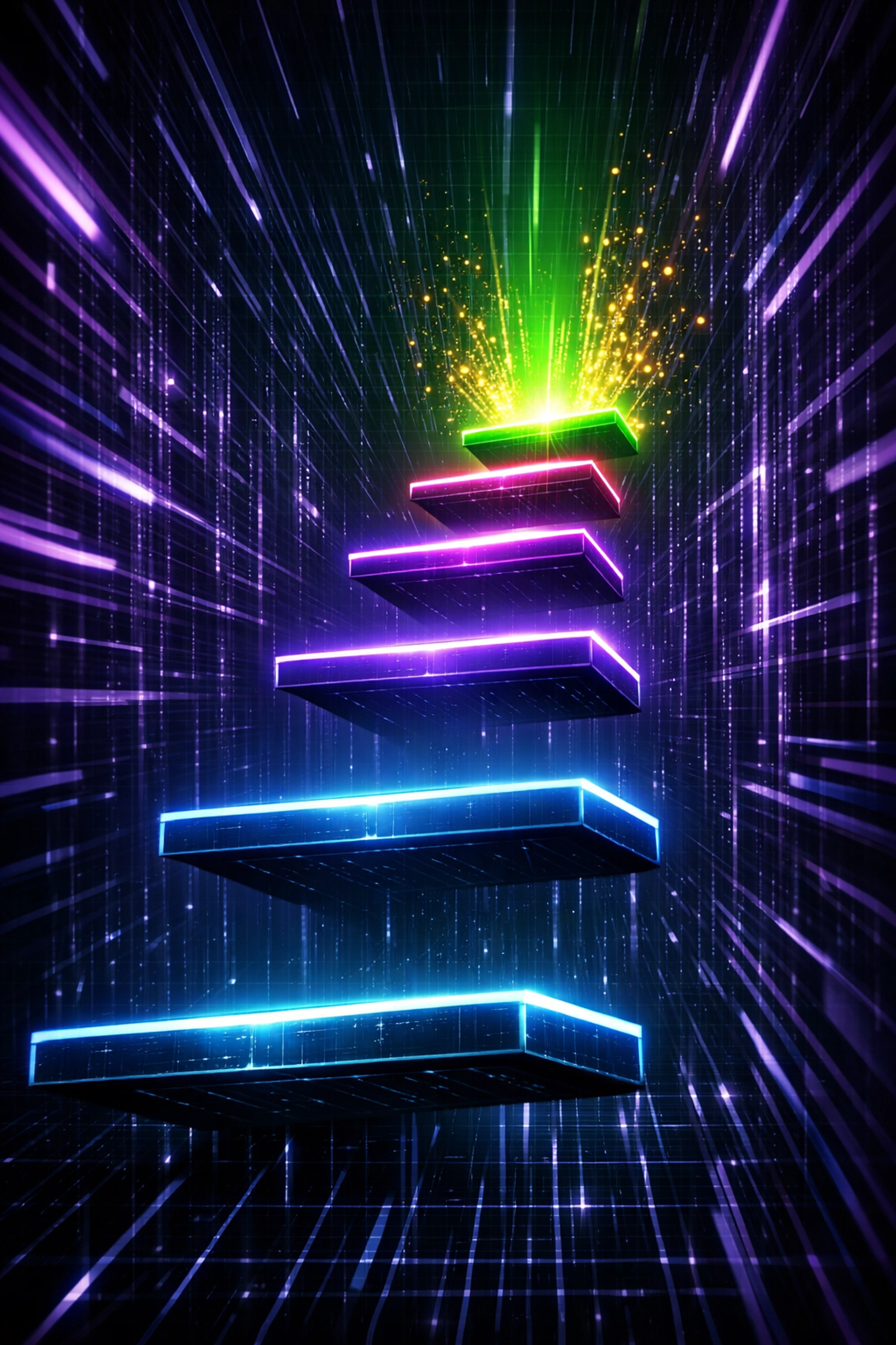 Neon platforms representing career progression steps to become an industry ready leader using custom AI solutions.