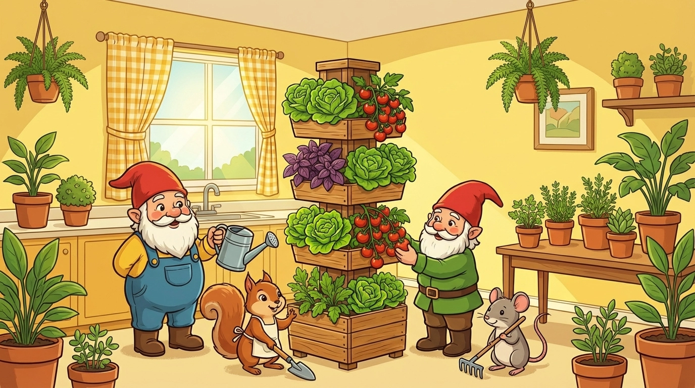 Whimsical cartoon/storybook characters tending a vibrant indoor vertical garden tower in a sunny kitchen (no realistic kids or faces)
