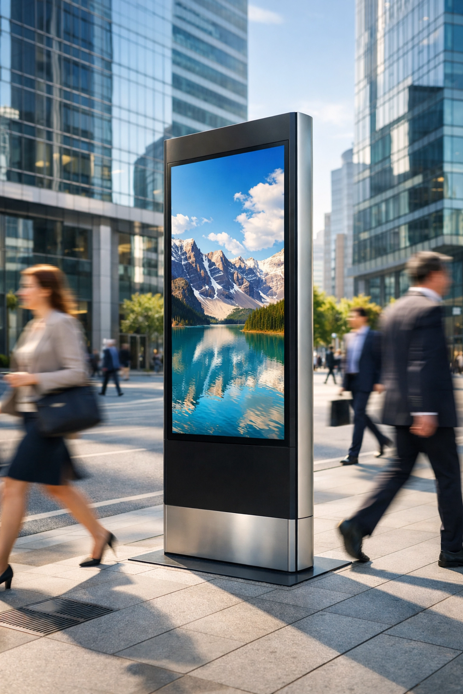 Sleek smart city digital kiosk featuring RAMM technology for integrated urban advertising and public information.
