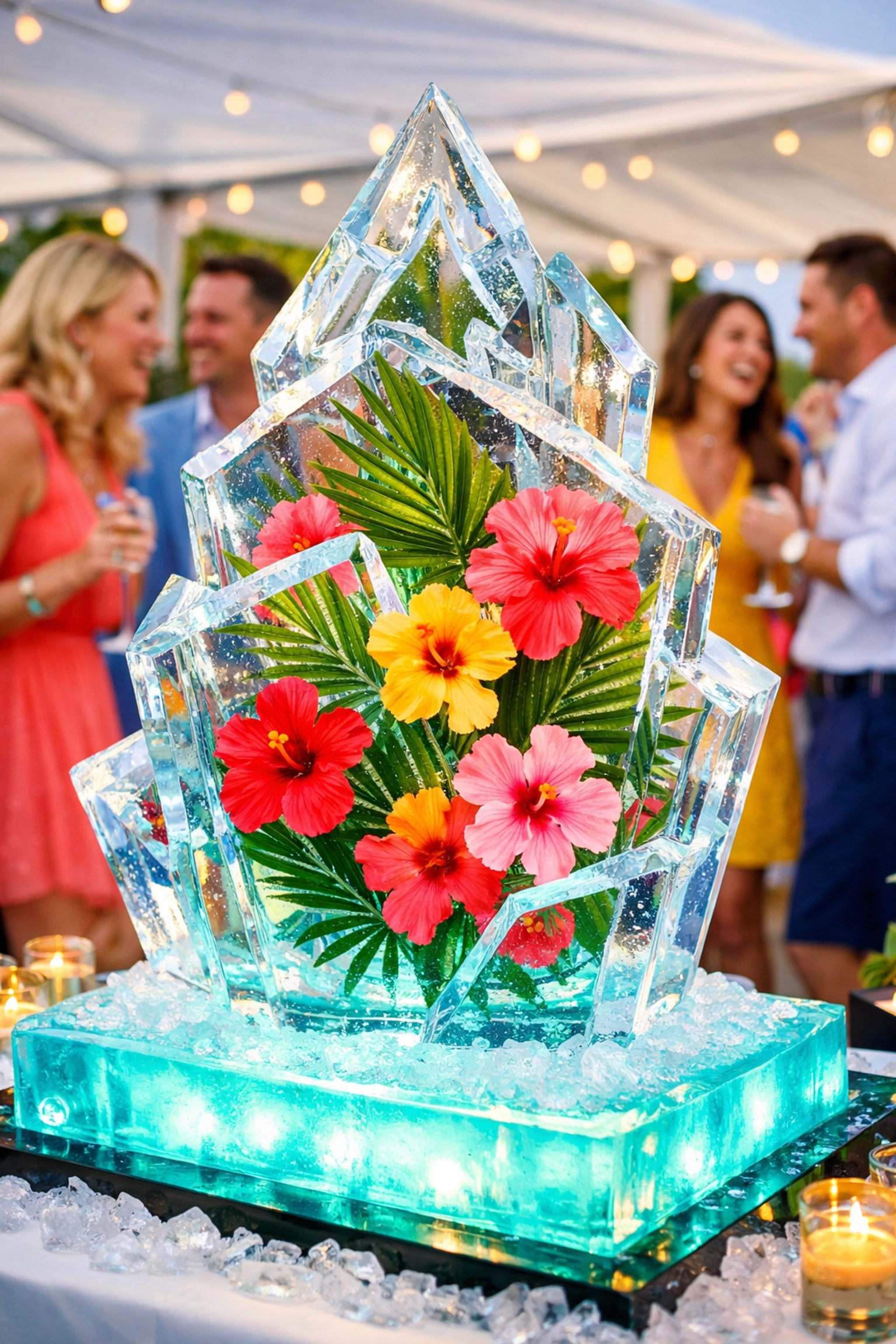 Luxury Grand Rapids ice sculptures with tropical flowers and LED lights for a summer gala centerpiece.