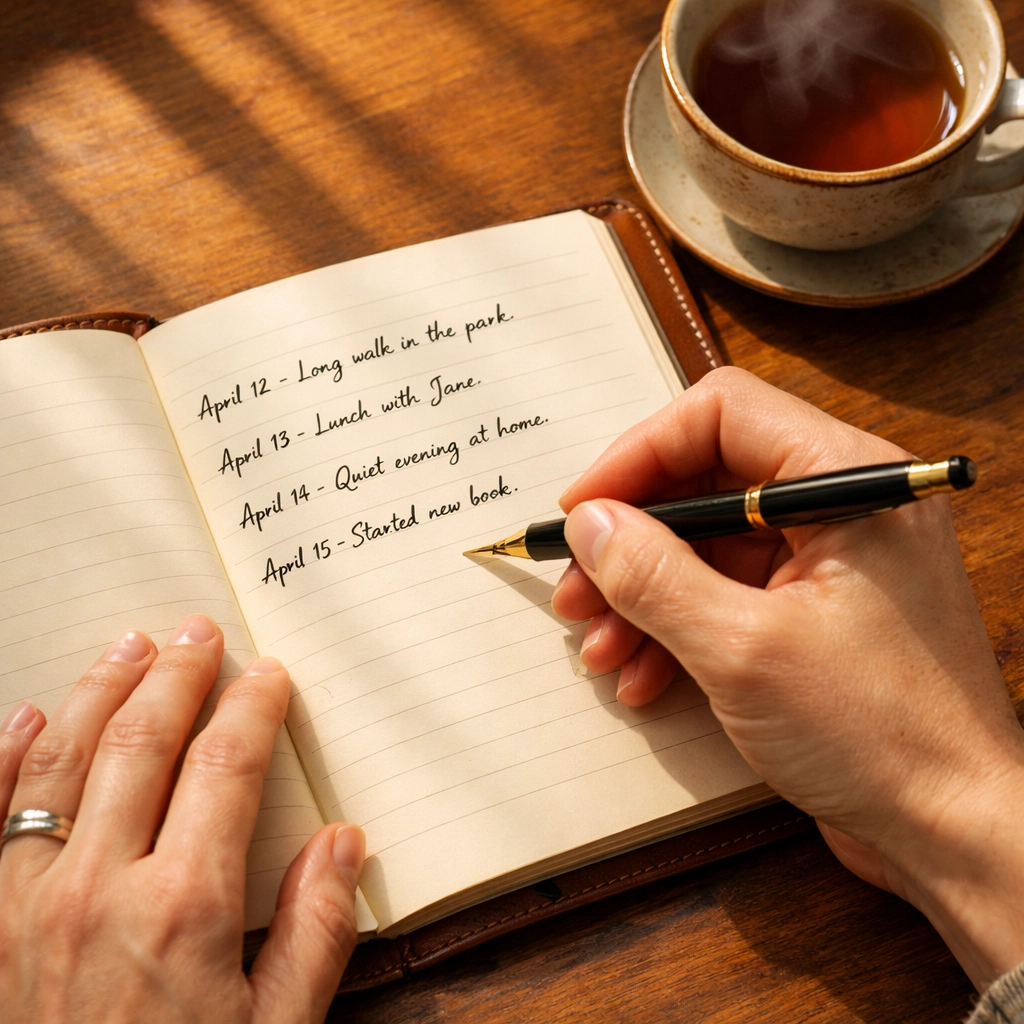Hands writing in journal on desk, practicing daily gratitude habit for Christians staying informed