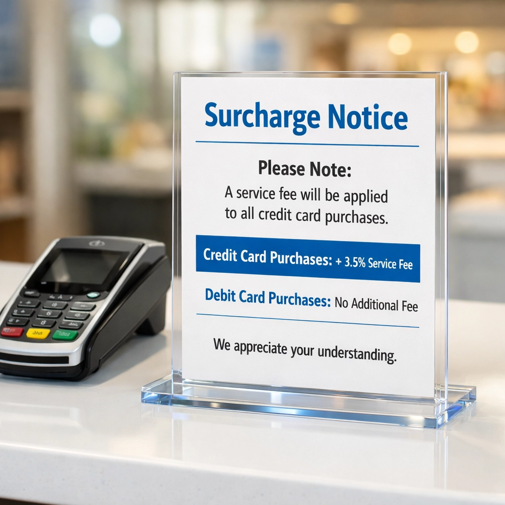 Surcharge disclosure notice displayed at retail checkout with payment terminal
