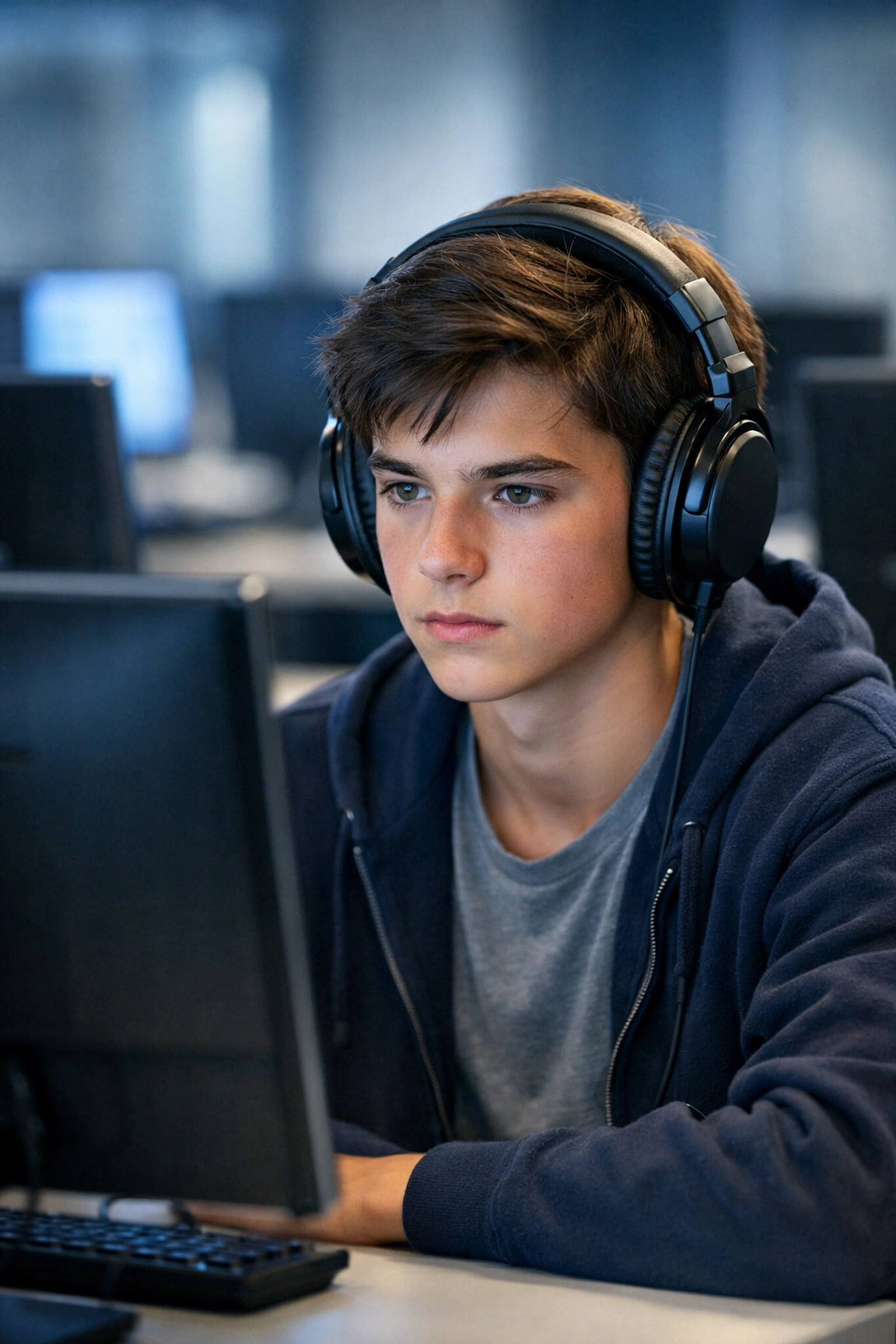 Focused high school student learning through advanced education simulation and digital technology.