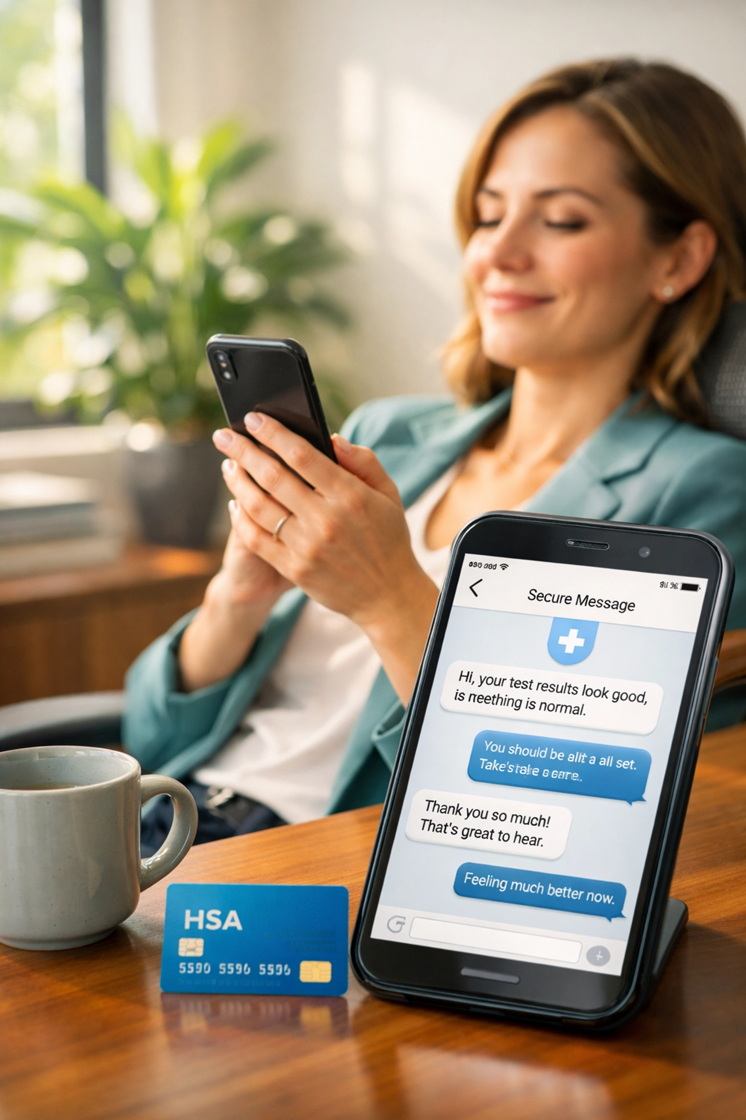 Professional using secure medical messaging for online UTI treatment and paying with an HSA card for flat-rate care.