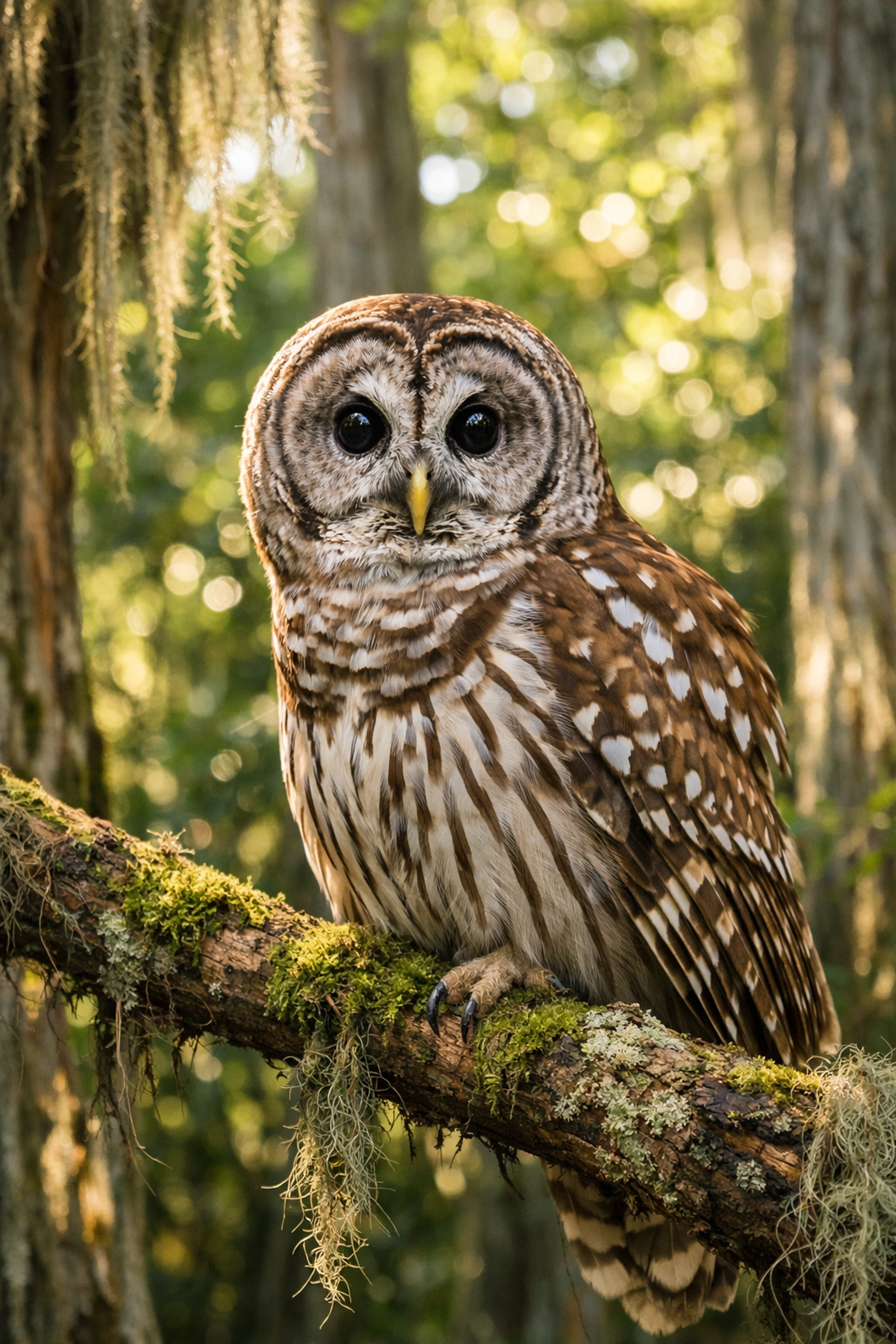A Barred Owl perched in a cypress swamp, captured during a professional wildlife photography excursion in Florida.