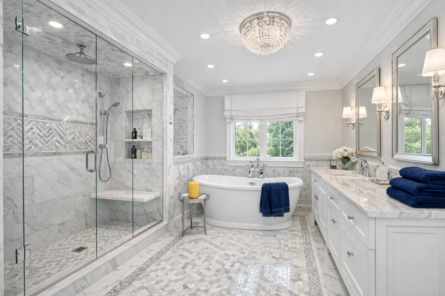 Deep residential cleaning Massachusetts in a high-end bathroom featuring detailed tile and glass.