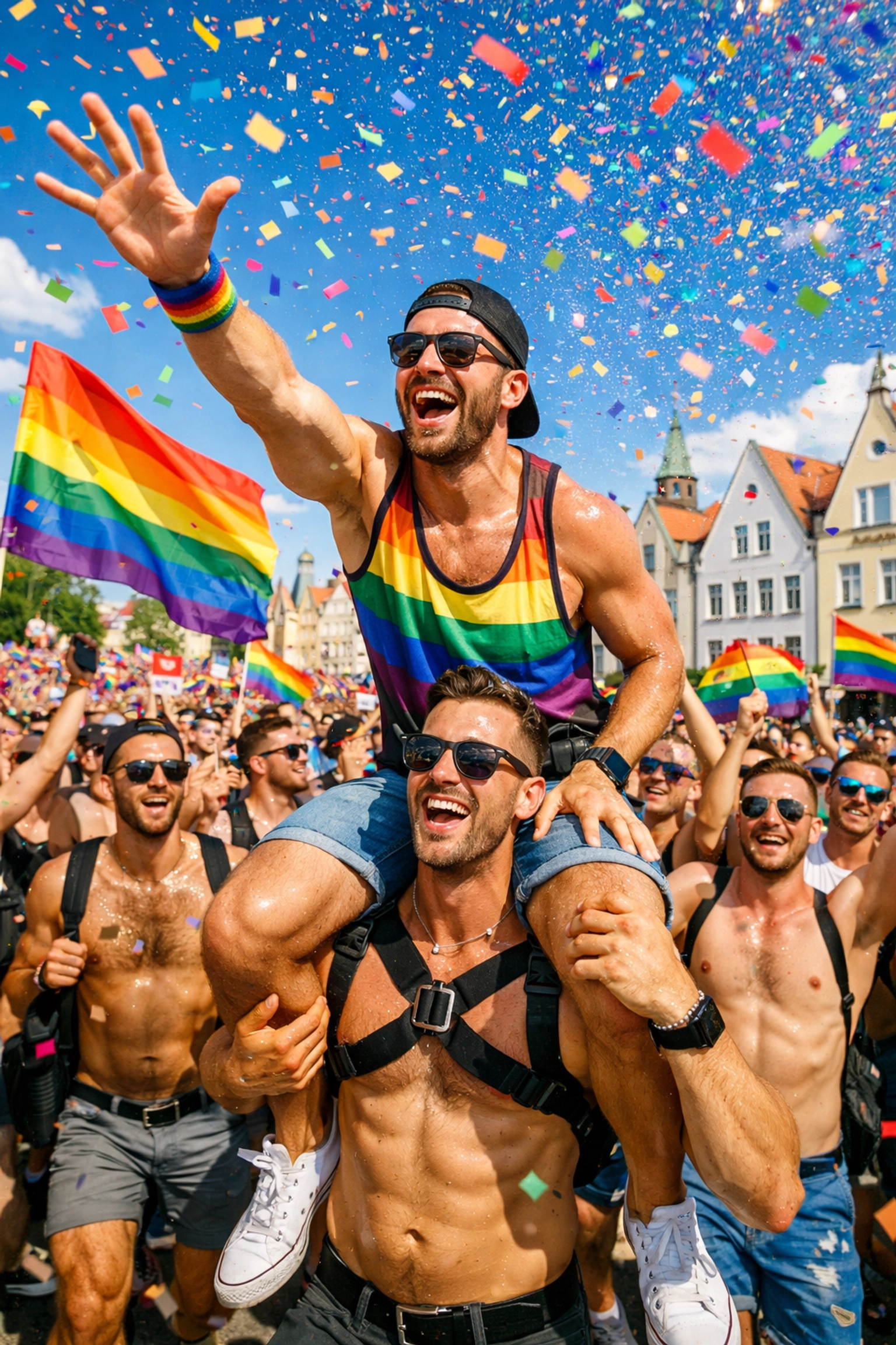 Crowds celebrate at a Tallinn Pride march with rainbow confetti, representing Baltic LGBTQ+ victory and unity.