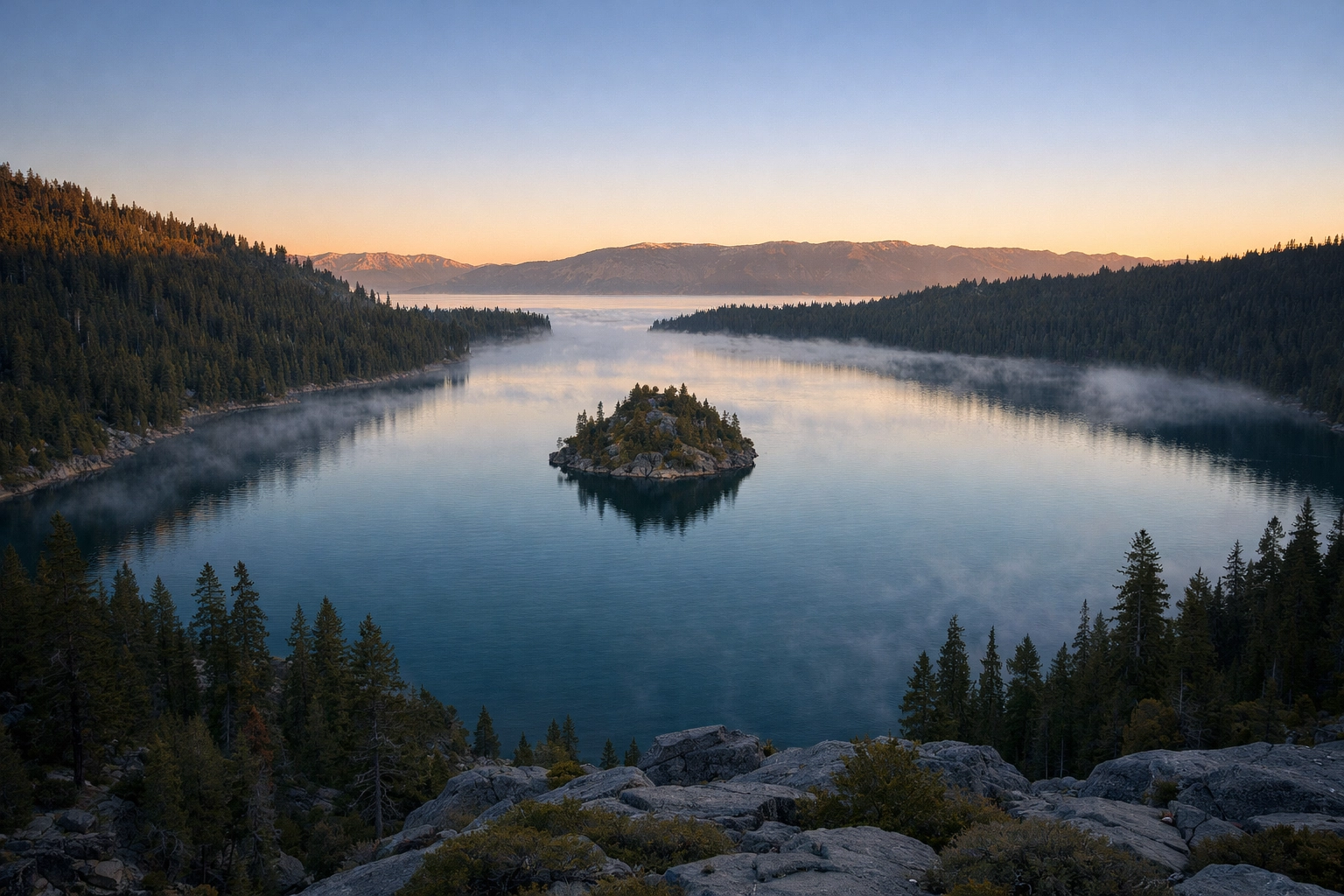 Sunrise over Emerald Bay and Fannette Island, one of the best Lake Tahoe photography locations.