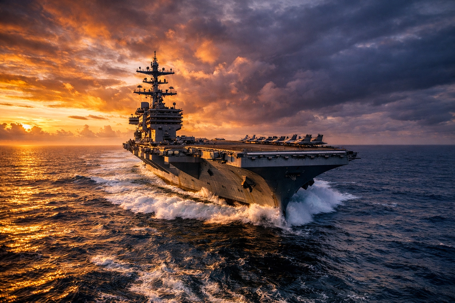 Aircraft carrier at sea during sunset symbolizing international military tensions and global news.