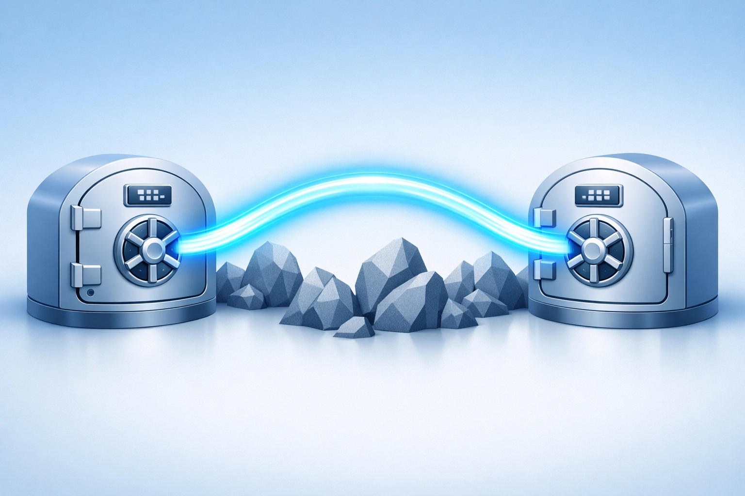 Stream of light moving between secure digital vaults illustrating a direct 401k rollover to IRA.