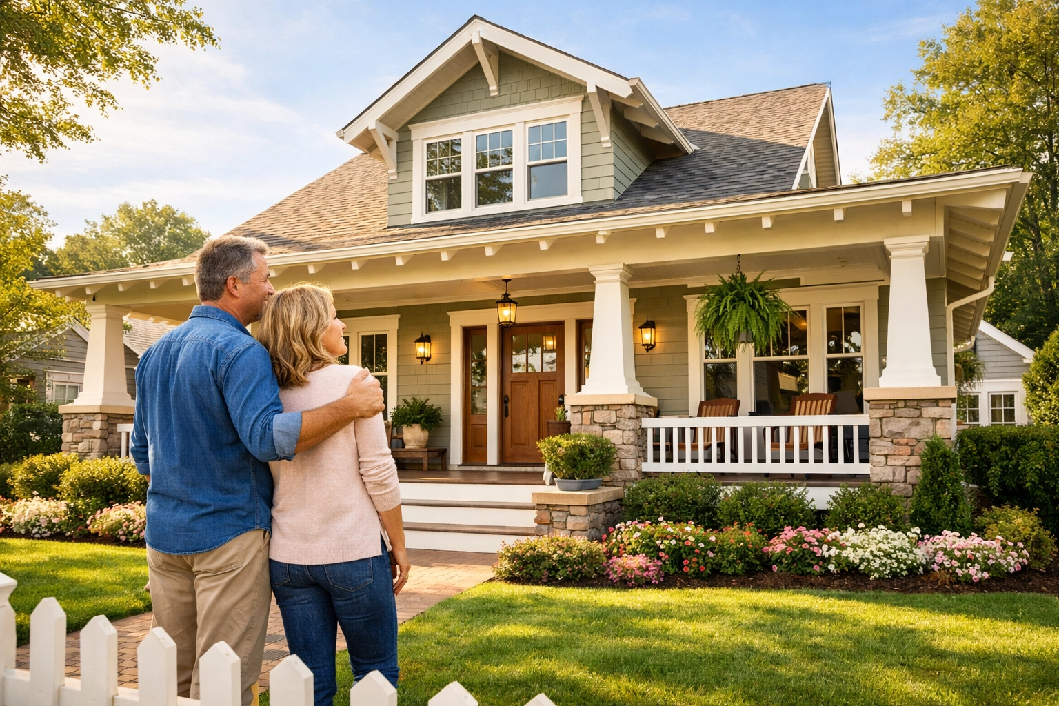 Homeowners enjoying a professionally painted home with restored wood trim in Cobb County.