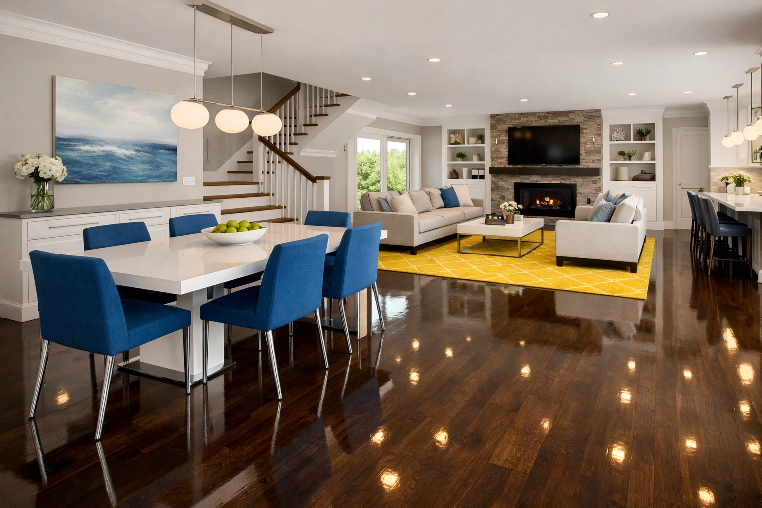 Immaculate open-concept Mashpee home featuring polished hardwood floors and tidy living spaces.