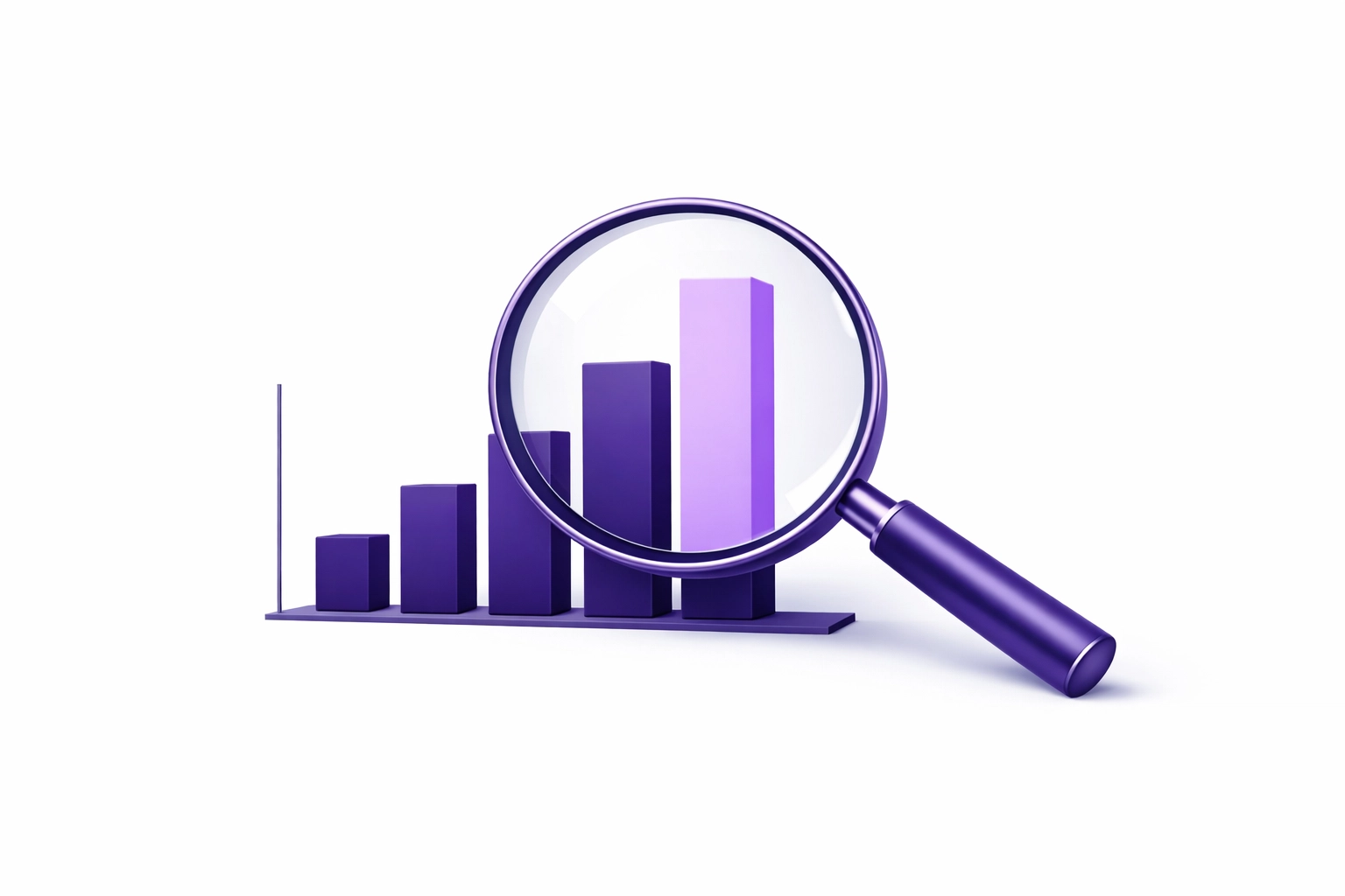 A magnifying glass reviewing a purple financial chart, illustrating expert oversight and small business financial clarity.