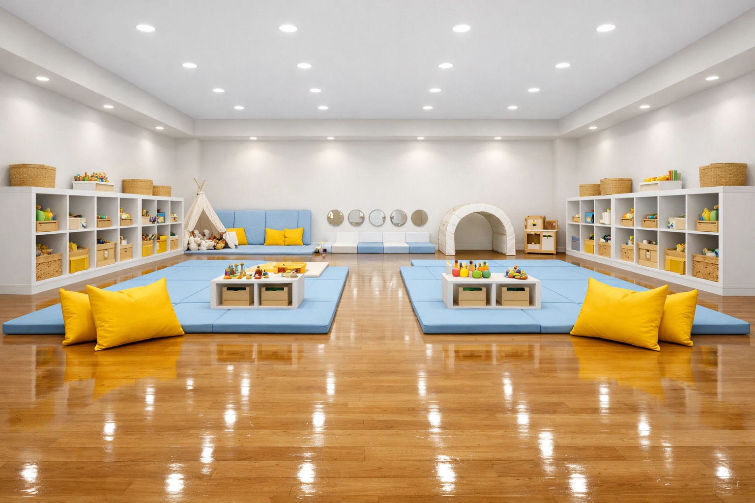 Professional daycare floor cleaning in Fall River featuring polished hardwood and organized play areas.