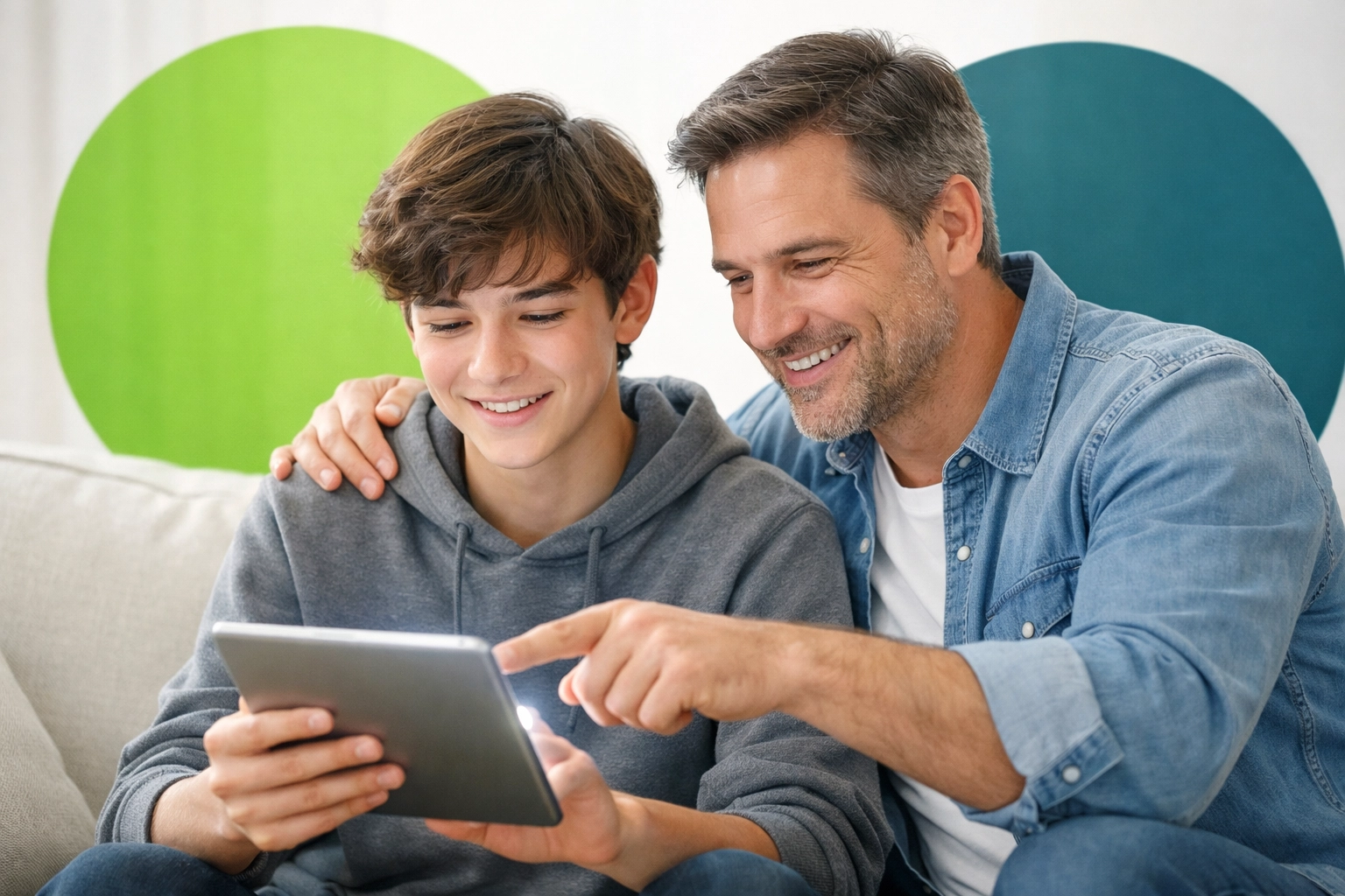 Father and son exploring digital safety together, demonstrating intentional parenting and mentoring.