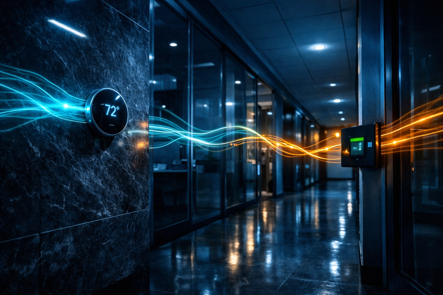 Managed IT services identifying data signals from unmanaged IoT devices in a modern office hallway.