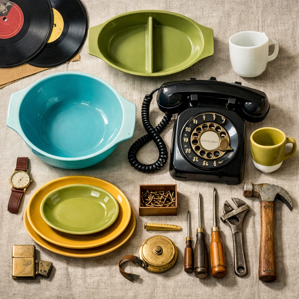 Collection of valuable vintage mid-century items including Pyrex and vinyl records