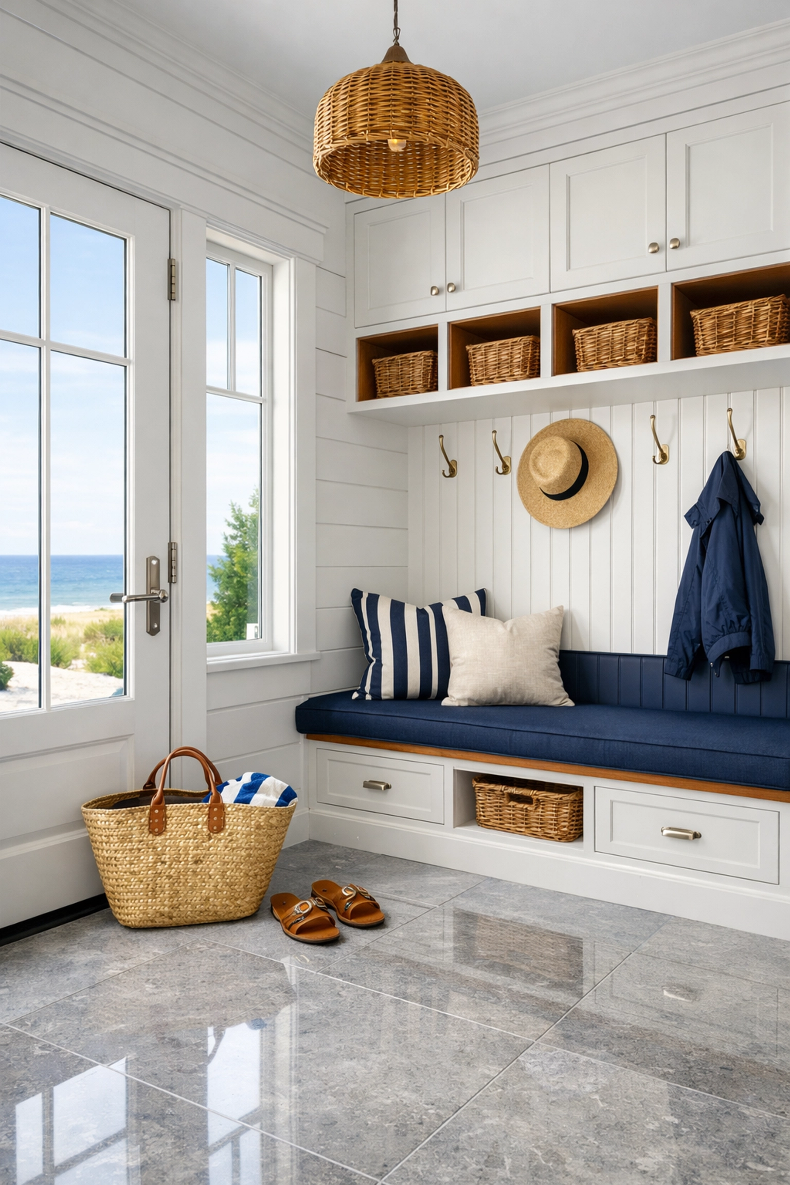 Spotless coastal mudroom in a Duxbury estate after a professional house cleaning service to remove sand and salt.