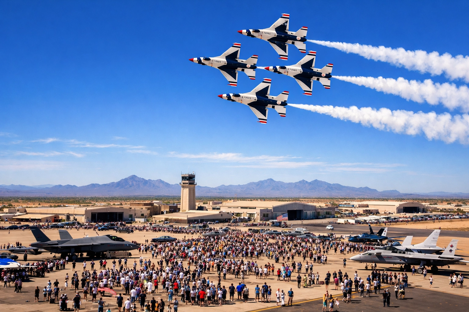 U.S. Air Force Thunderbirds performing at Luke Days 2026 air show with military families watching