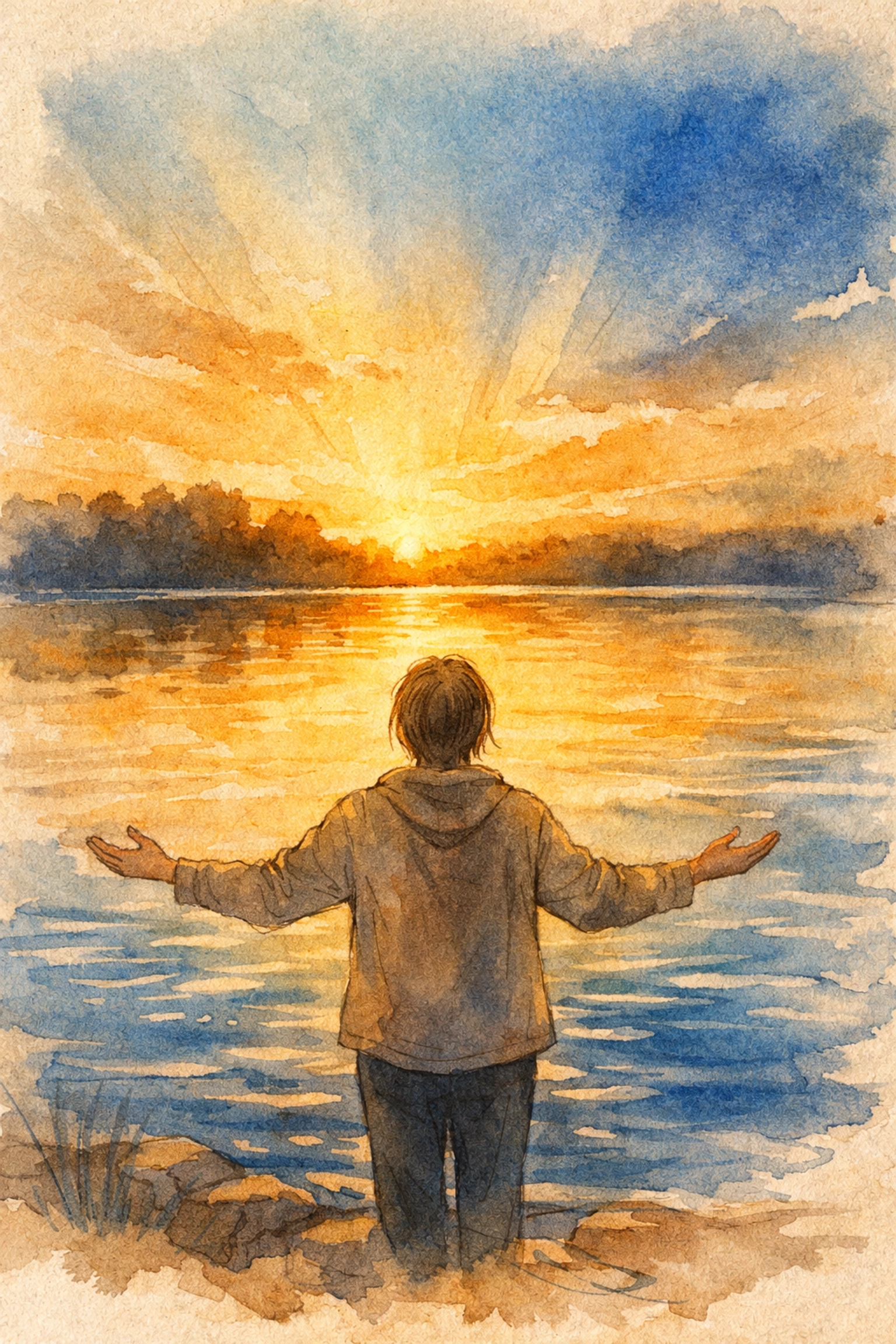 Leader standing at peaceful lake sunset with arms open in trust and surrender to God