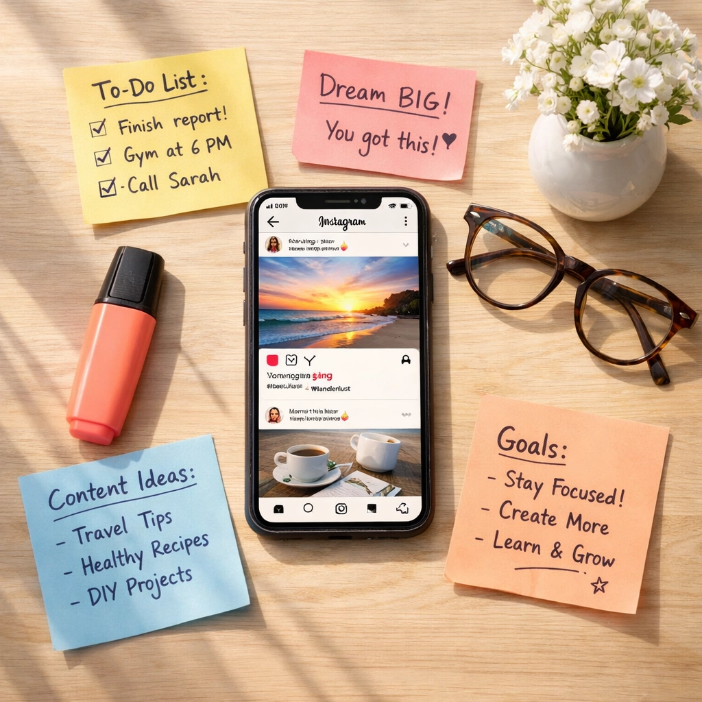 Instagram content planning workspace with posts and notes for repurposing to blog and website