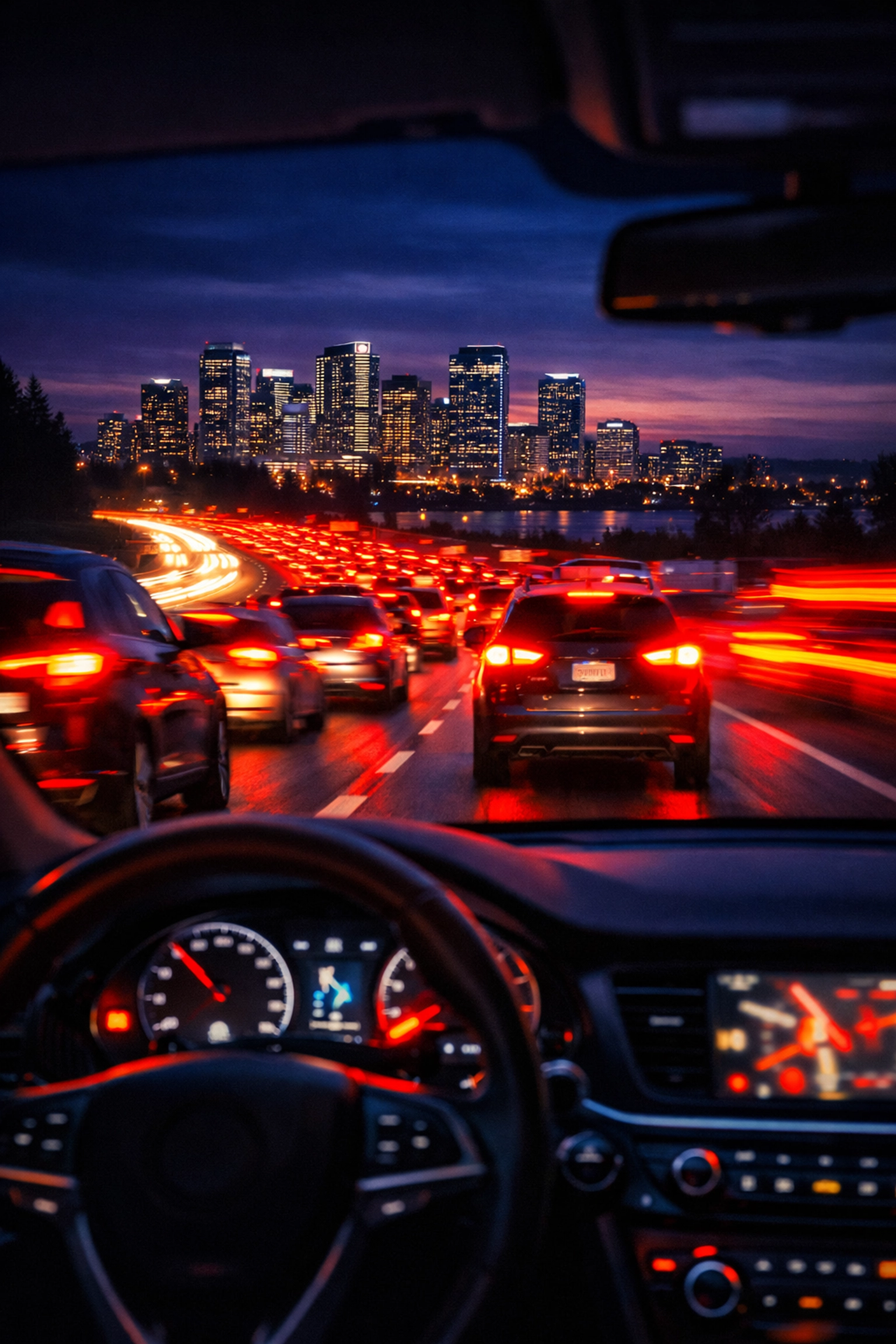 Evening traffic commute toward the Bellevue skyline illustrating the demand for proximity in Eastside real estate.