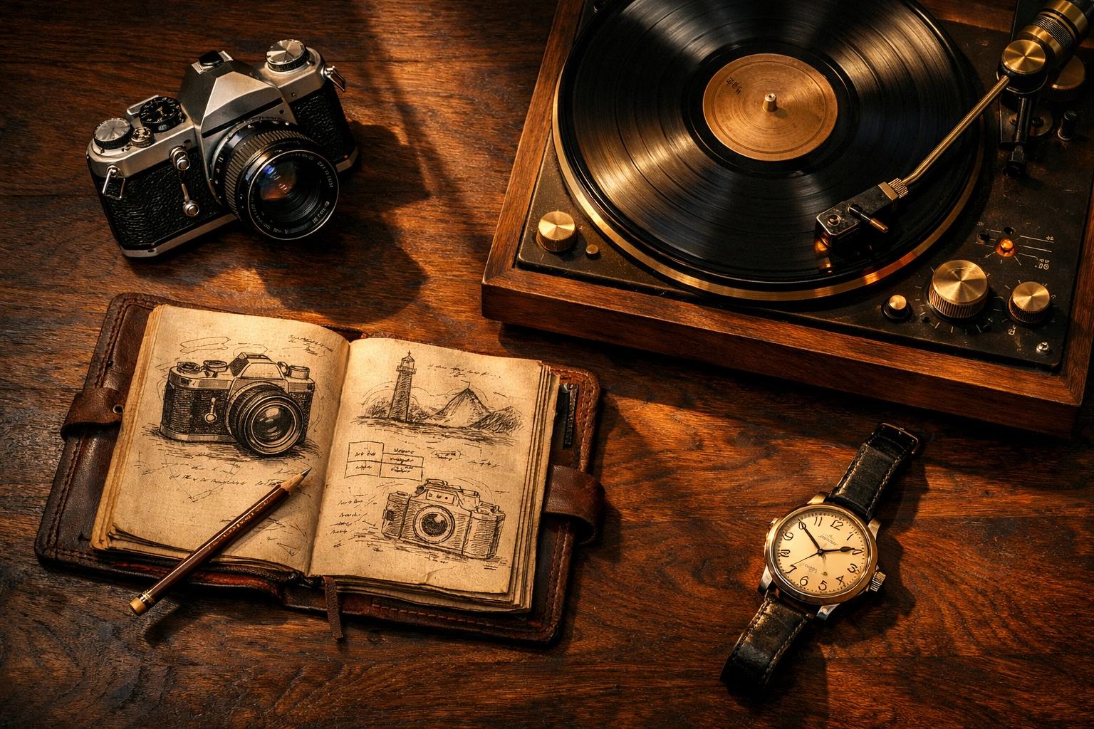 A collection of tactile analog tools including a film camera and vinyl record for a screen-free Sunday.