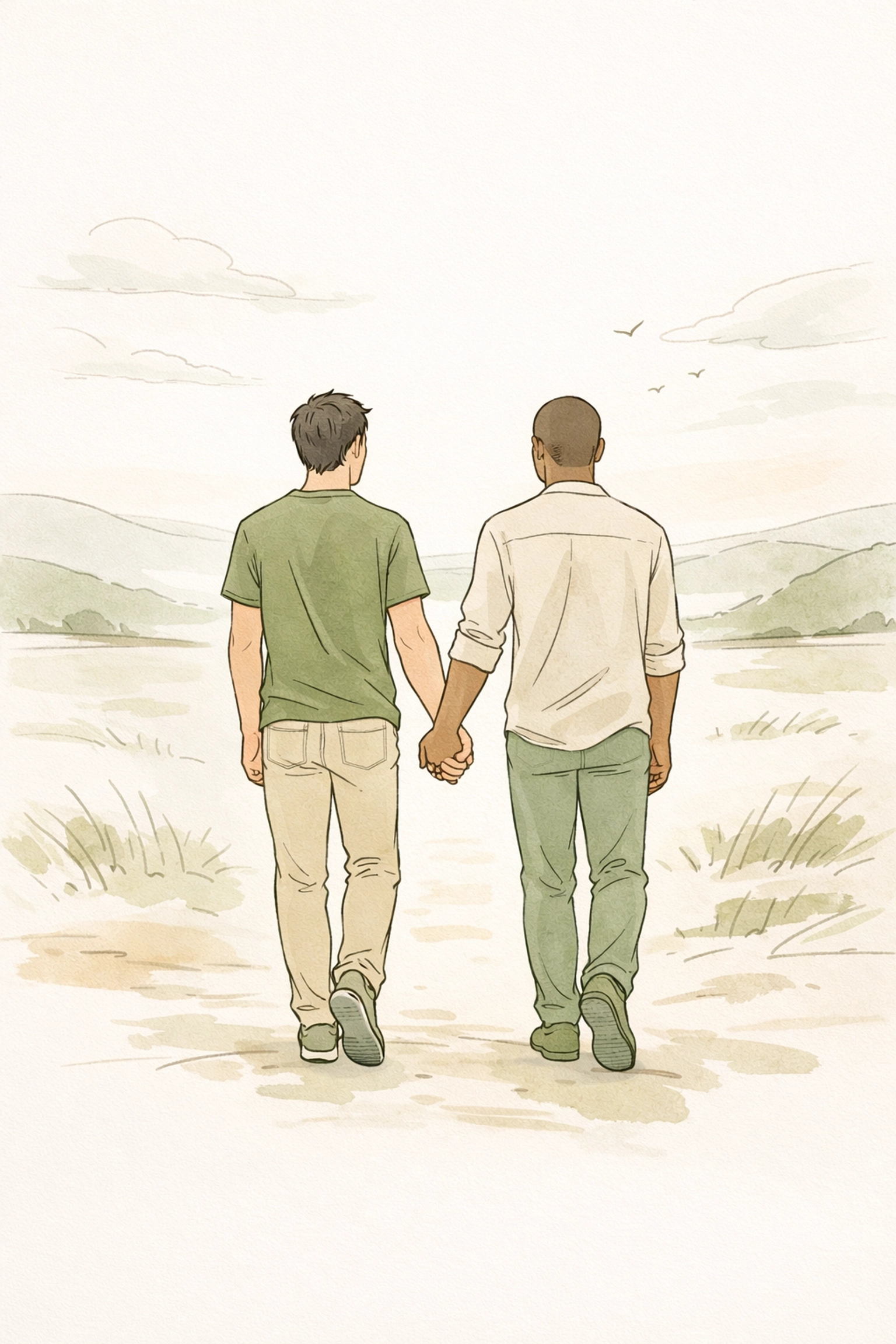 A gay couple walks toward a new future together, symbolizing emotional resilience and hope in 2026 gay books.