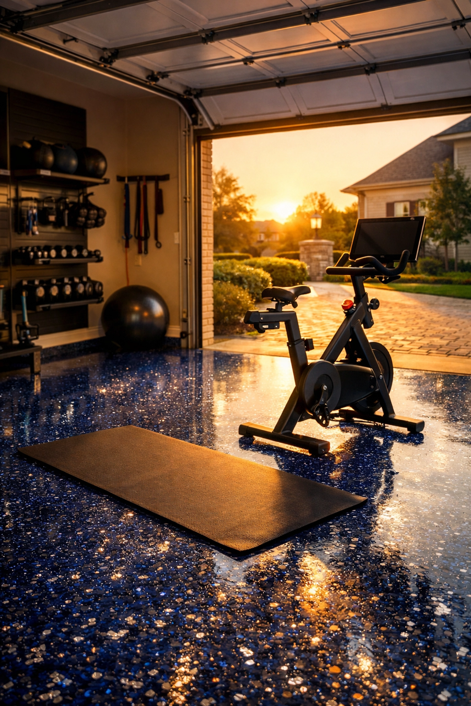 Modern Madison garage gym with a high-gloss cobalt flake epoxy floor coating and fitness equipment.