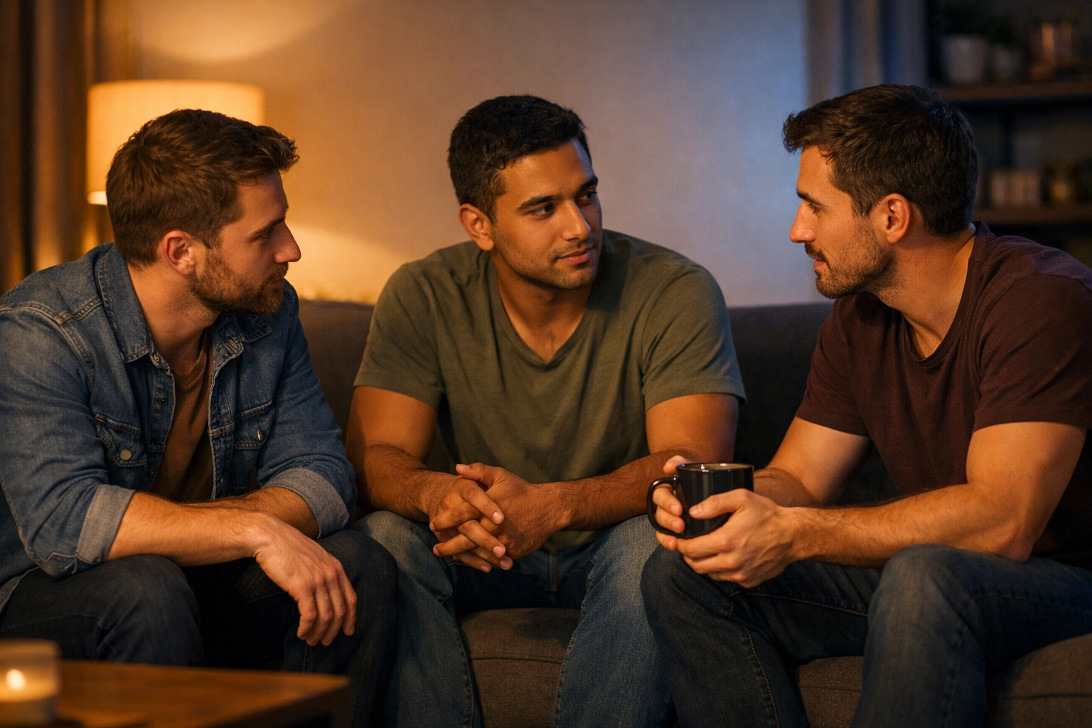 Three gay men having an open conversation about boundaries and consent on a couch