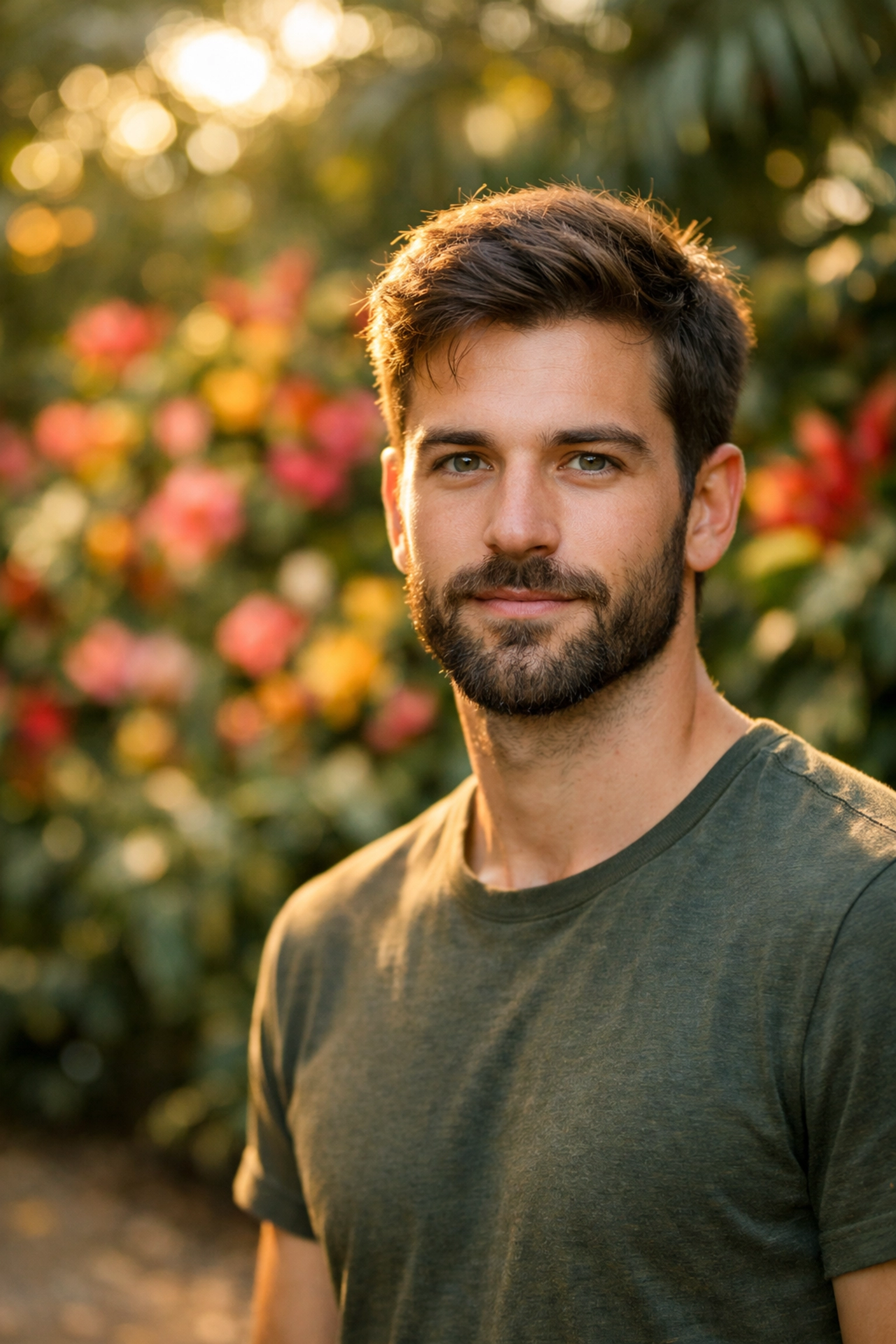 Example of background separation in portrait photography showing a man in a garden with deep bokeh.