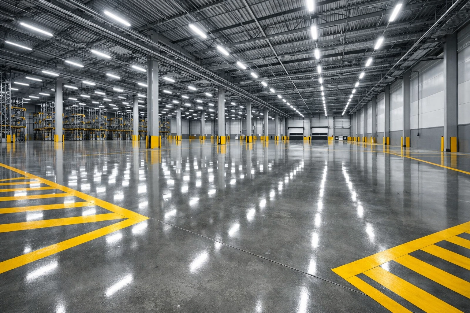 Large industrial warehouse with polished concrete floors after a post-construction deep clean.