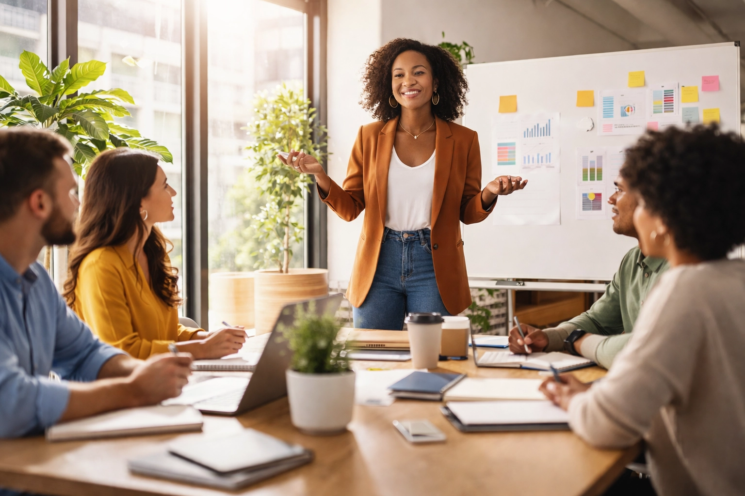 Confident Black female entrepreneur leading a diverse team, demonstrating customer-focused storytelling in action.