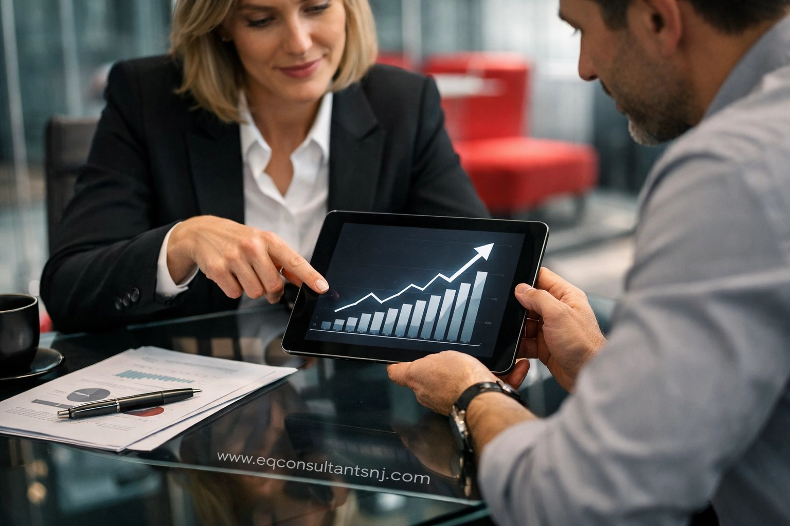 Consultants reviewing a growth chart on a tablet, showcasing fractional CFO for consultants NJ scaling support.