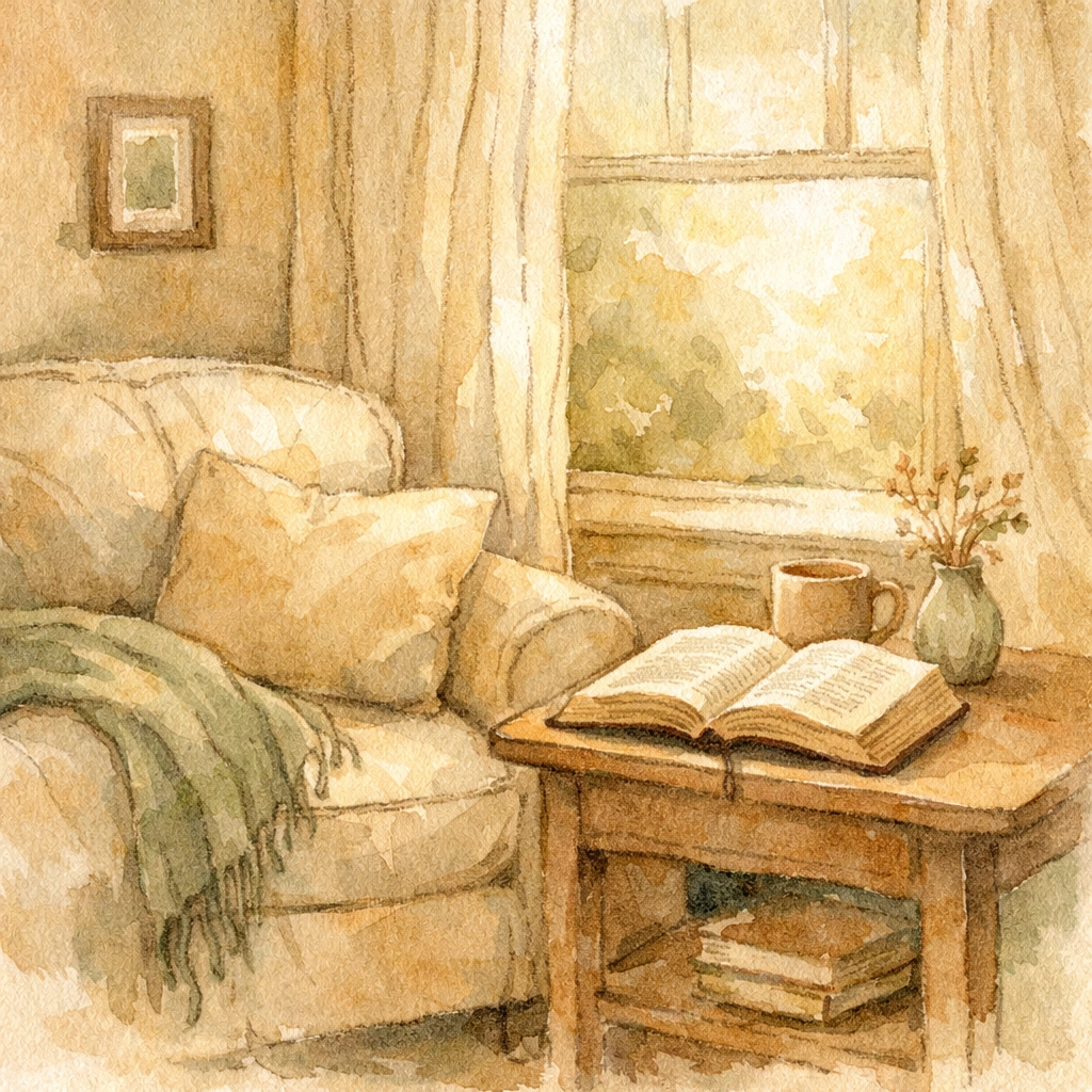 Peaceful prayer corner with open Bible for family midday reset and spiritual renewal