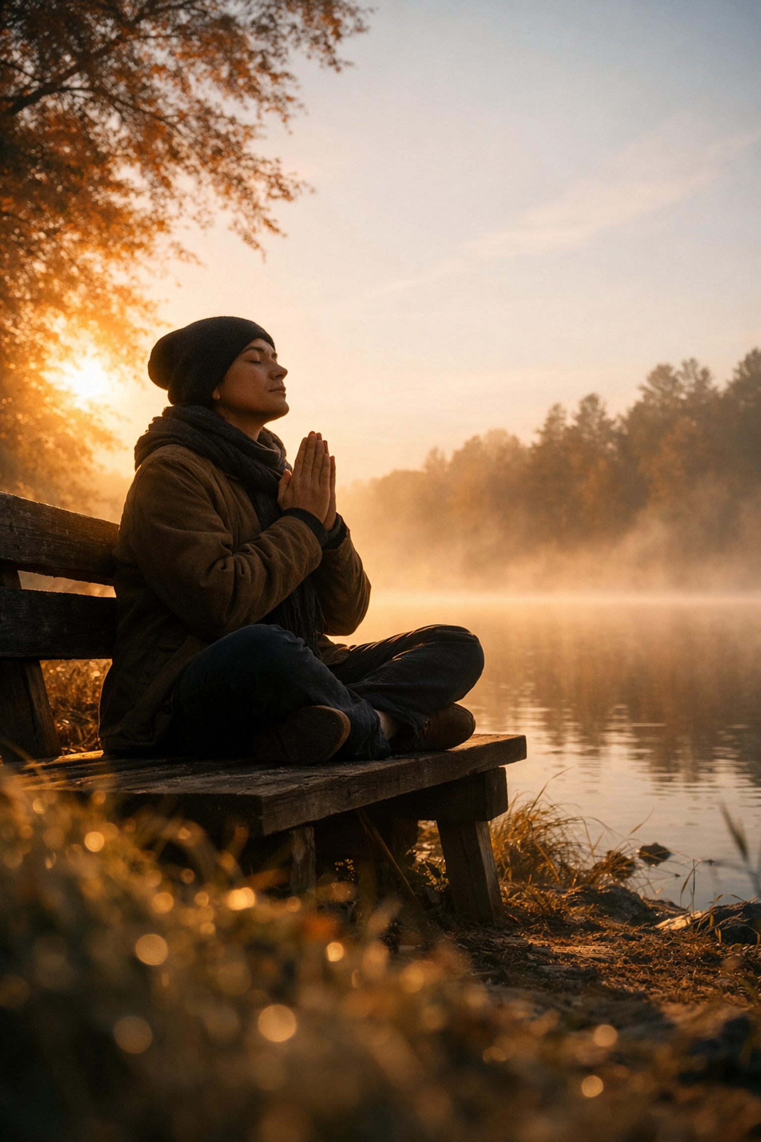 A peaceful person in morning meditation by a lake, representing the daily habit of scripture reflection.