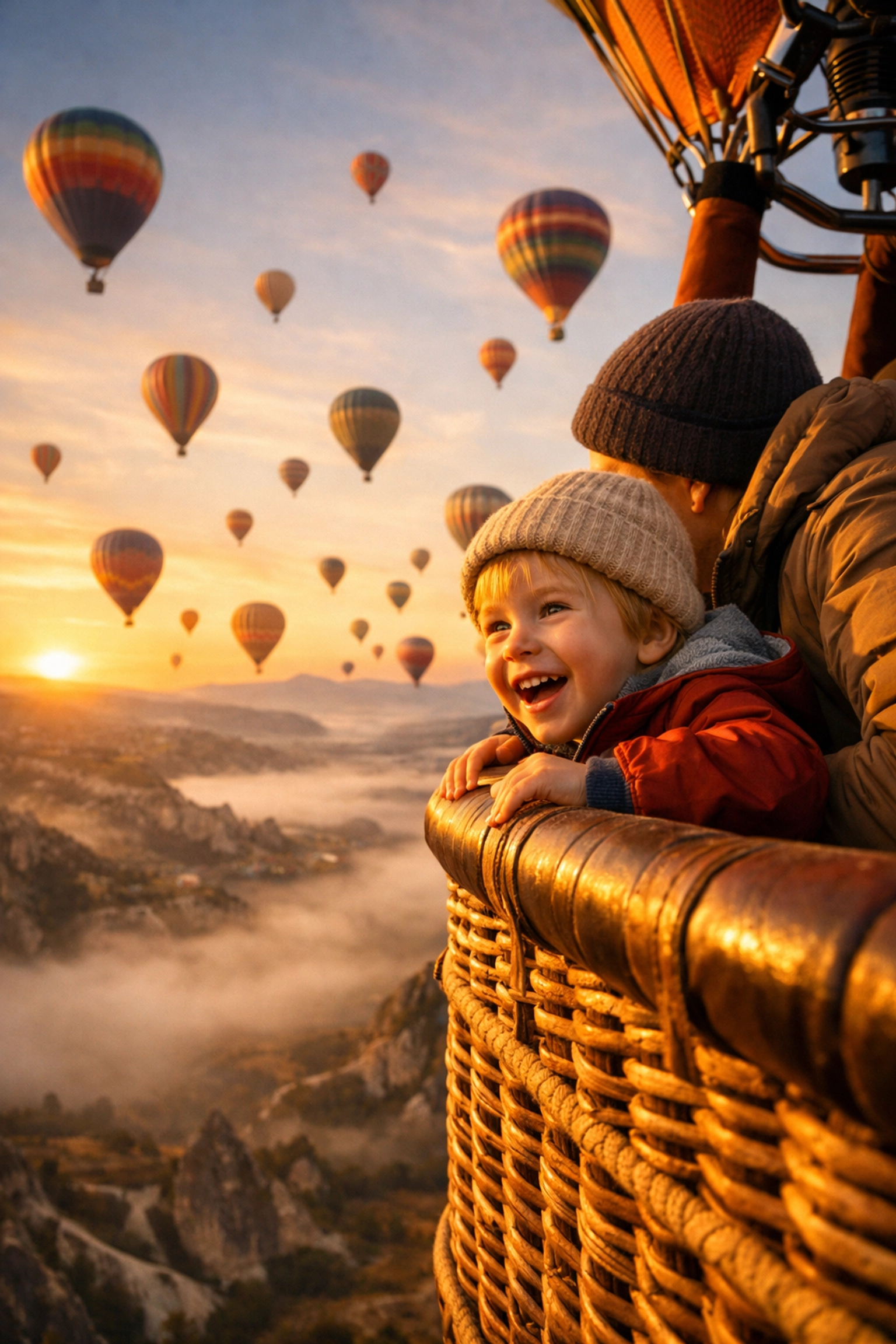 Family enjoying a sunrise hot air balloon ride, one of the best photography locations for kids.