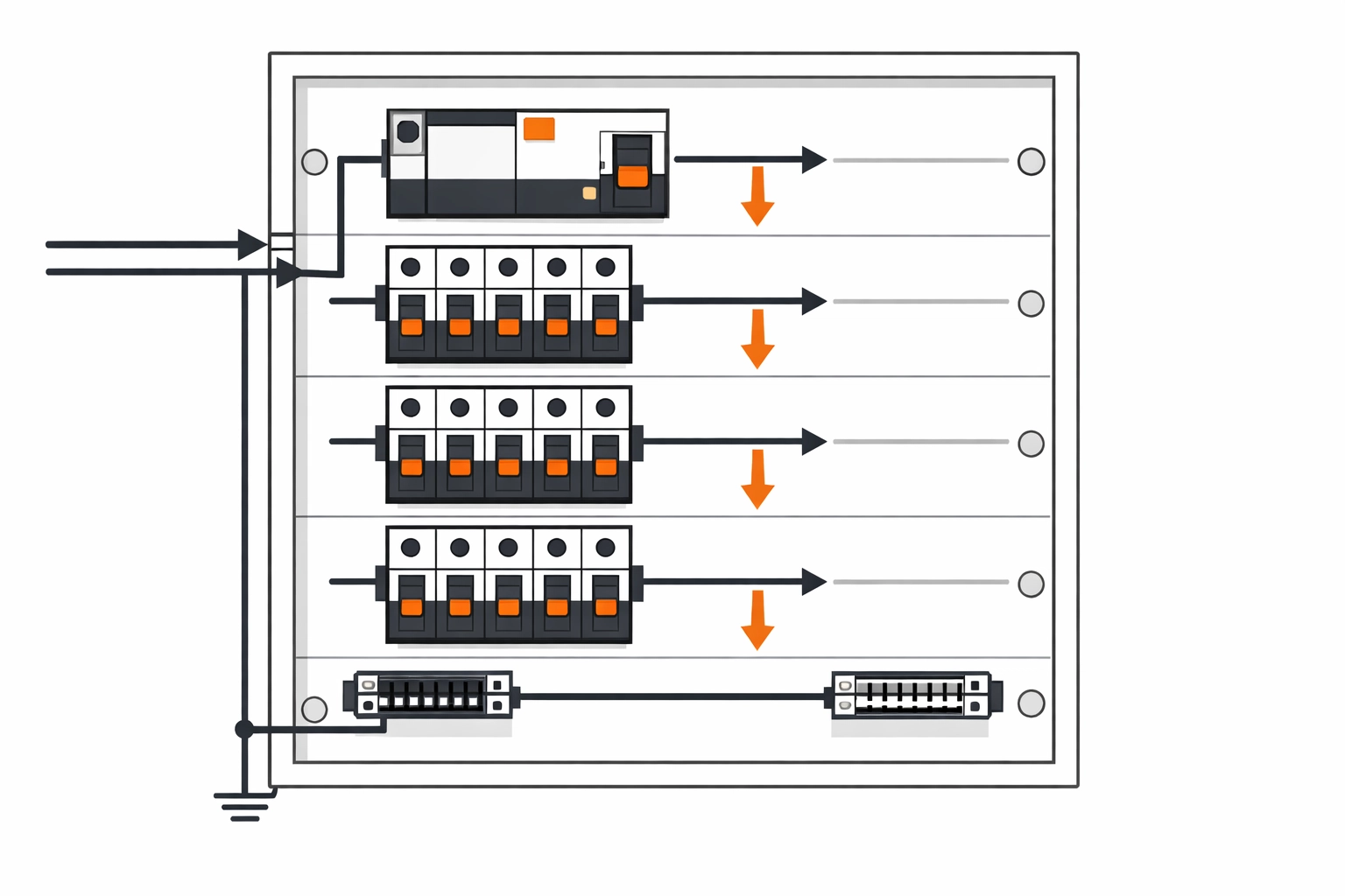Illustration: Elektro-Verteilerkasten mit FI/RCD, Leitungsschutzschaltern und Schaltplan-Overlay im Elektro-Zentrum CI-Stil (Schwarz/Grau/Weiß, Akzent-Orange)
