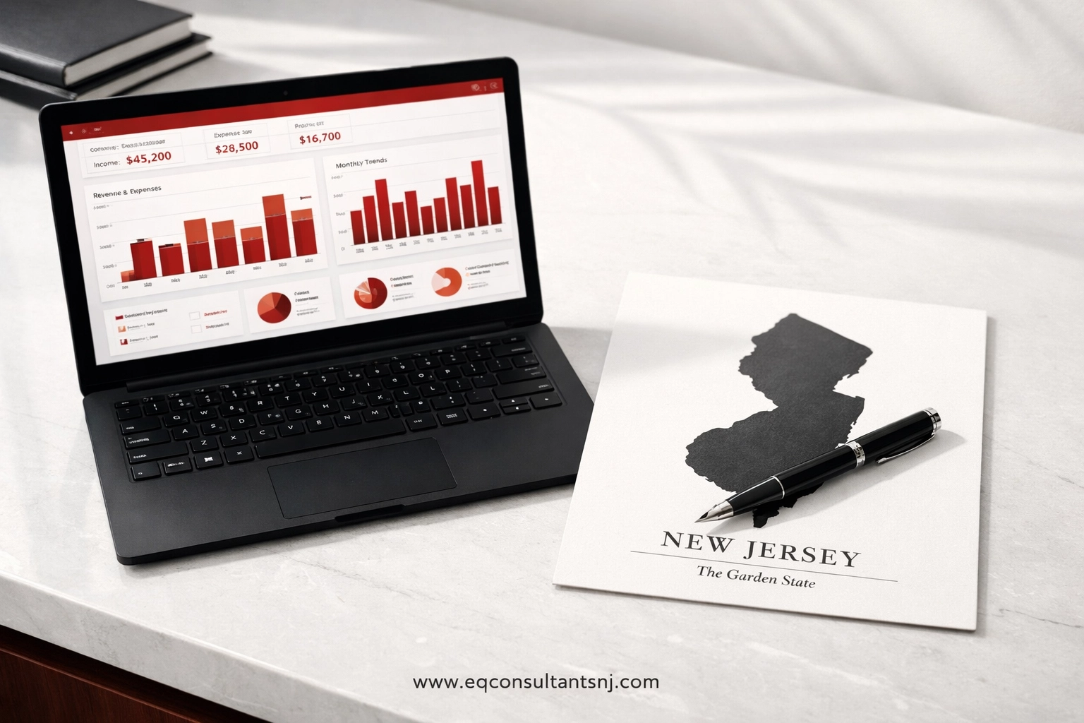 Laptop with financial dashboard next to a NJ map illustrating hybrid virtual and local bookkeeping services for businesses.