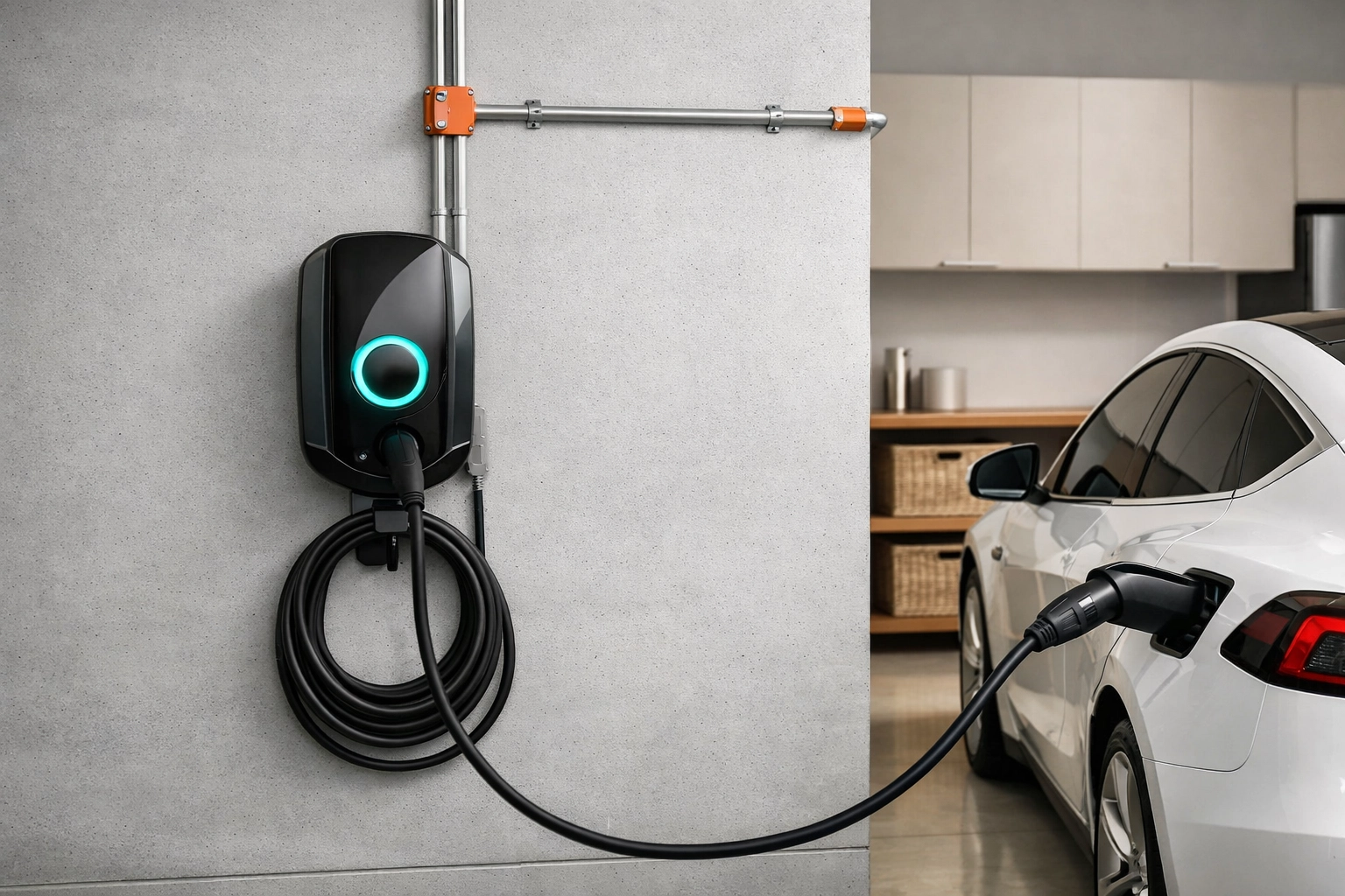 Professional EV charger installation in a Florida garage to prevent electrical panel overheating.