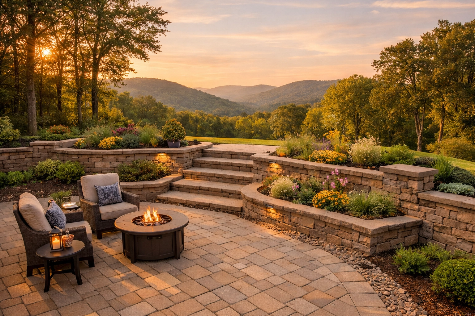 Hardscaping Chattanooga: Paver patio and retaining wall following expert excavation and hauling.