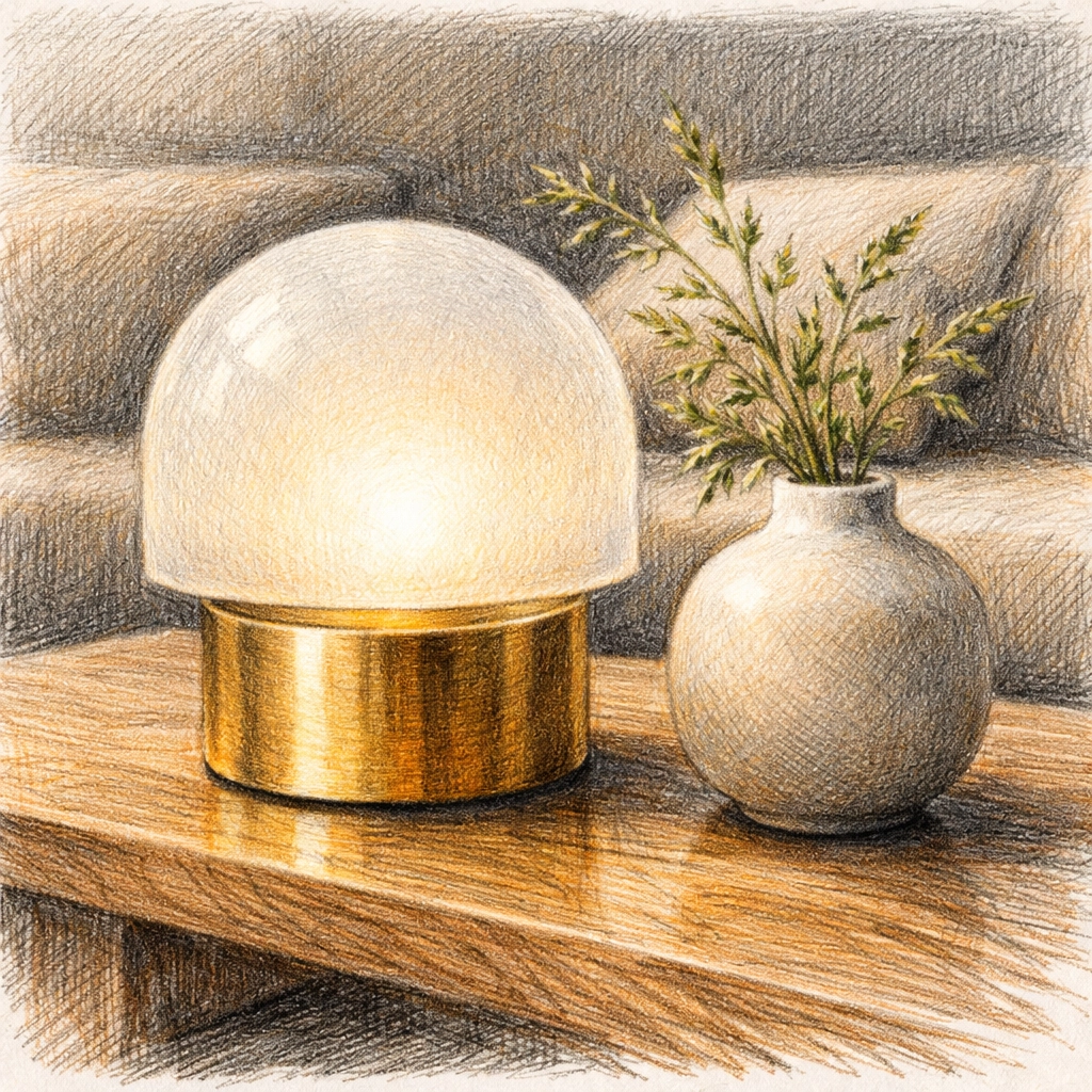 Custom minimalist table lamp and oak furniture for a boutique hotel interior design project.