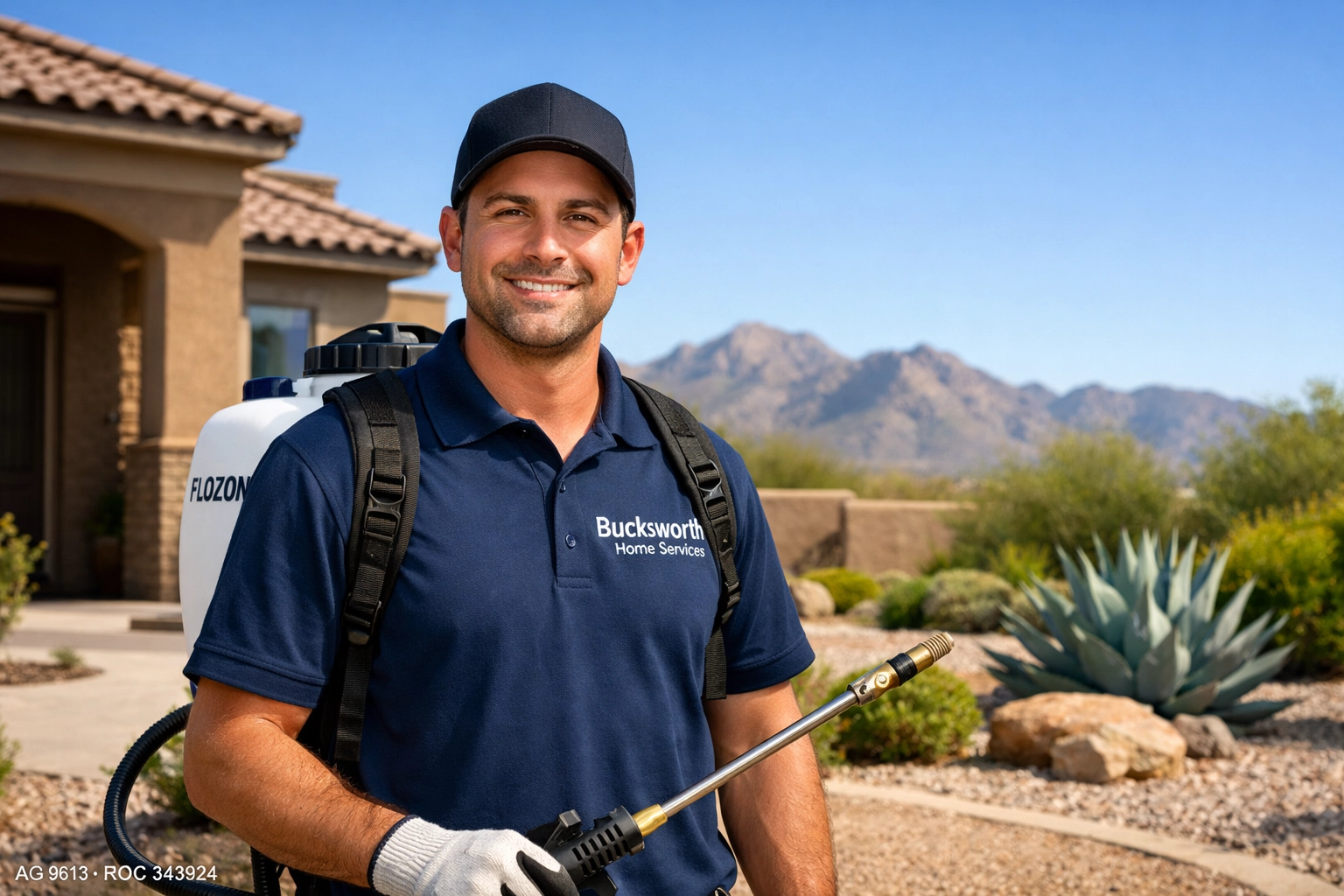 Bucksworth technician with a Flozone backpack providing the best pest control in Marana AZ for scorpions.