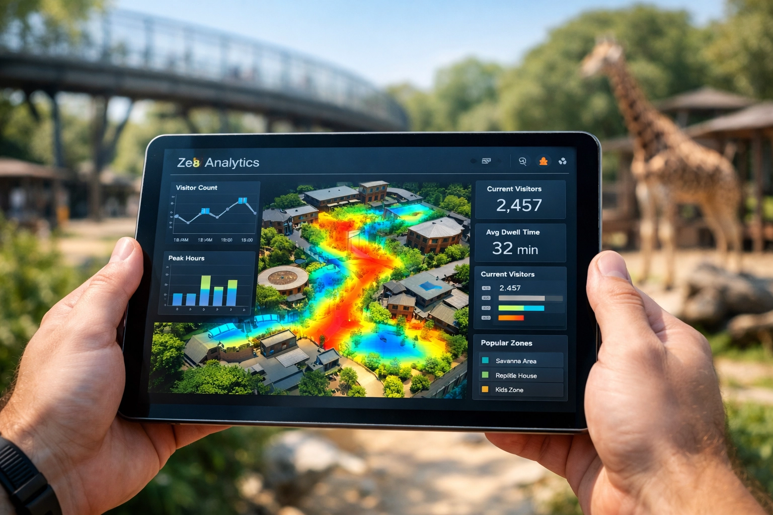 Tablet shows visitor heat map analytics for zoo operations, supporting digital marketing decisions