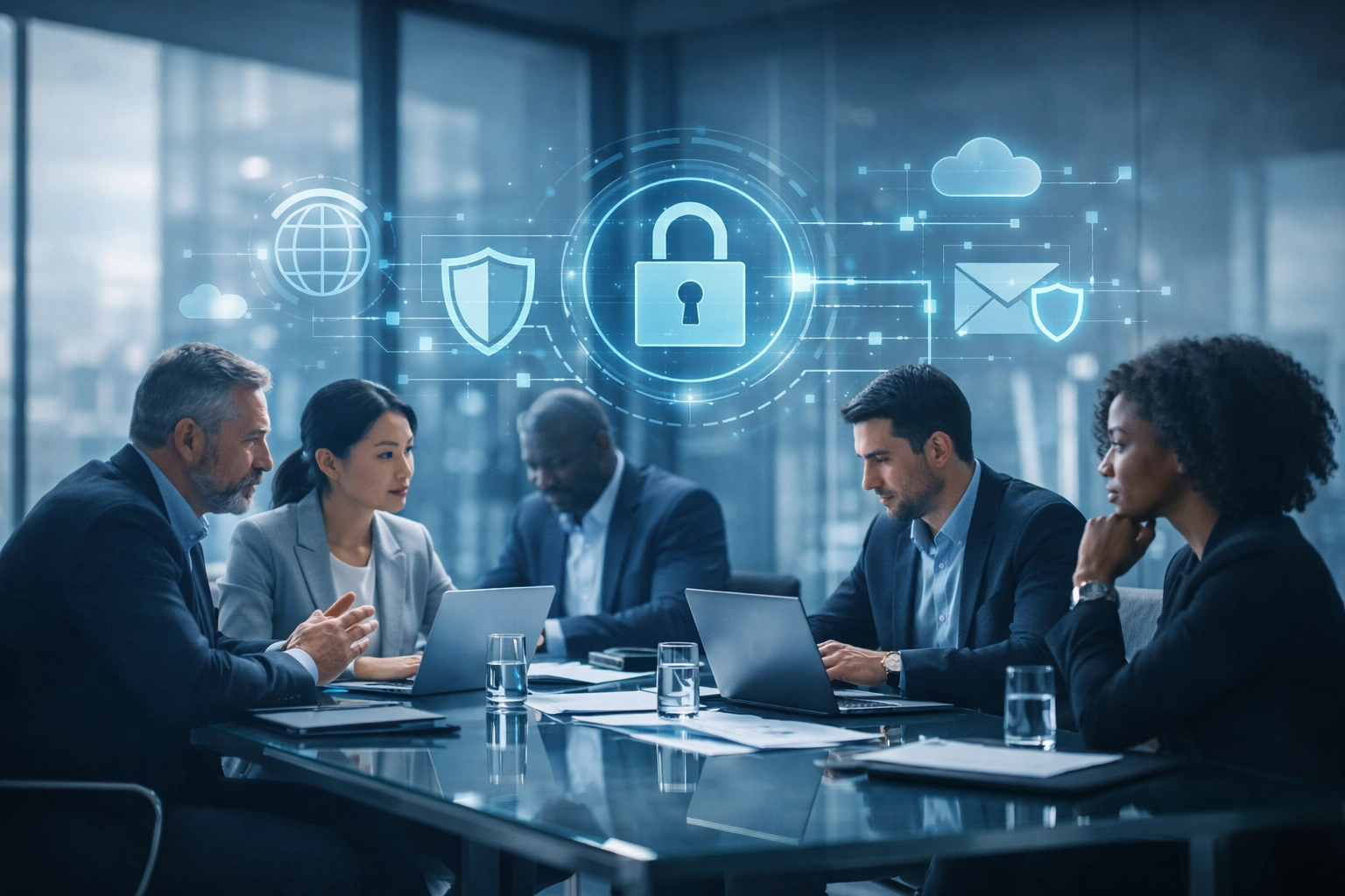 Defense contractors collaborating on CMMC compliance and cybersecurity strategy