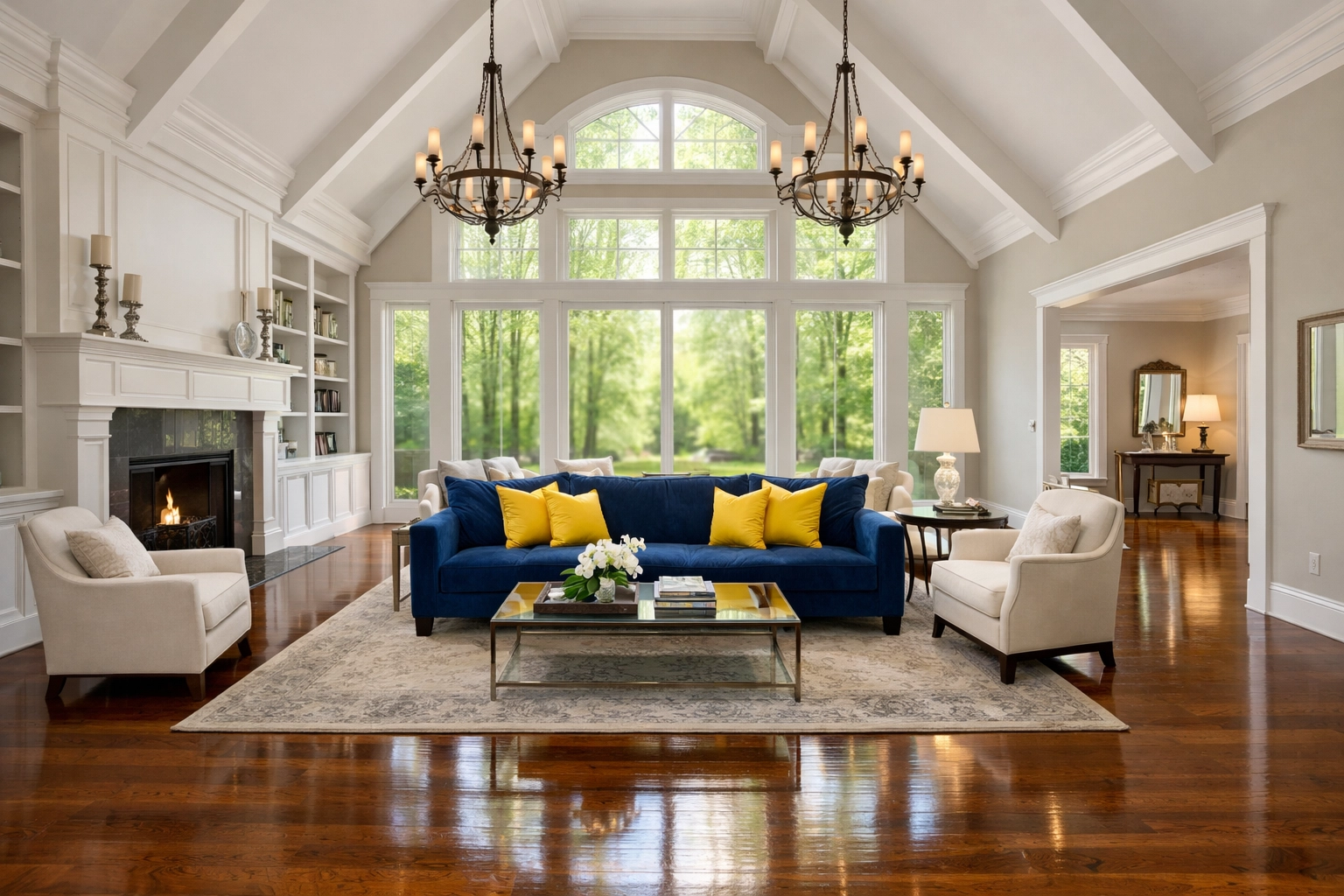 A spotless living room in a grand Carlisle estate maintained by luxury residential cleaning experts.