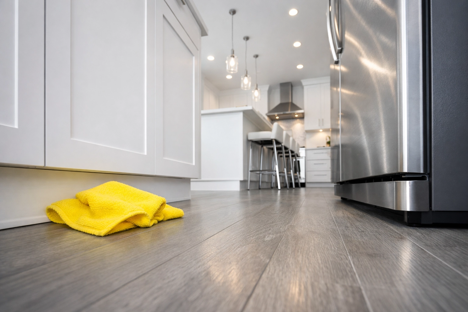 Thorough cleaning of hidden kitchen grime zones including cabinet toe kicks and refrigerator sides.
