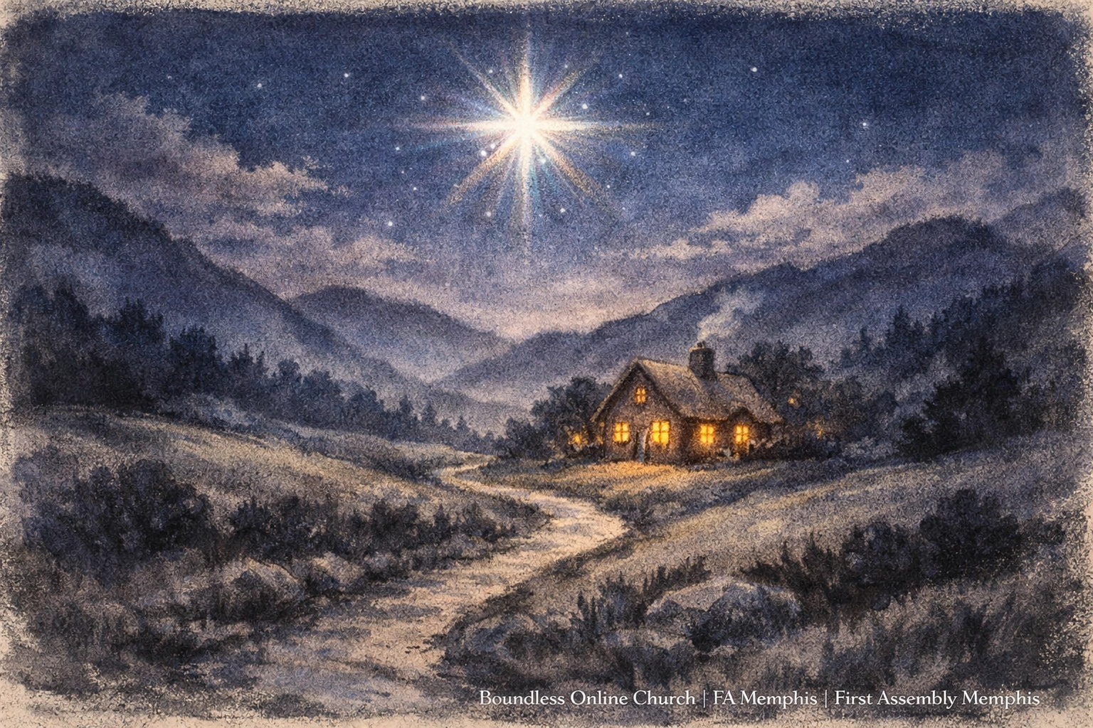 A guiding star over a path to a cottage, showing God's presence from First Assembly Memphis online church.